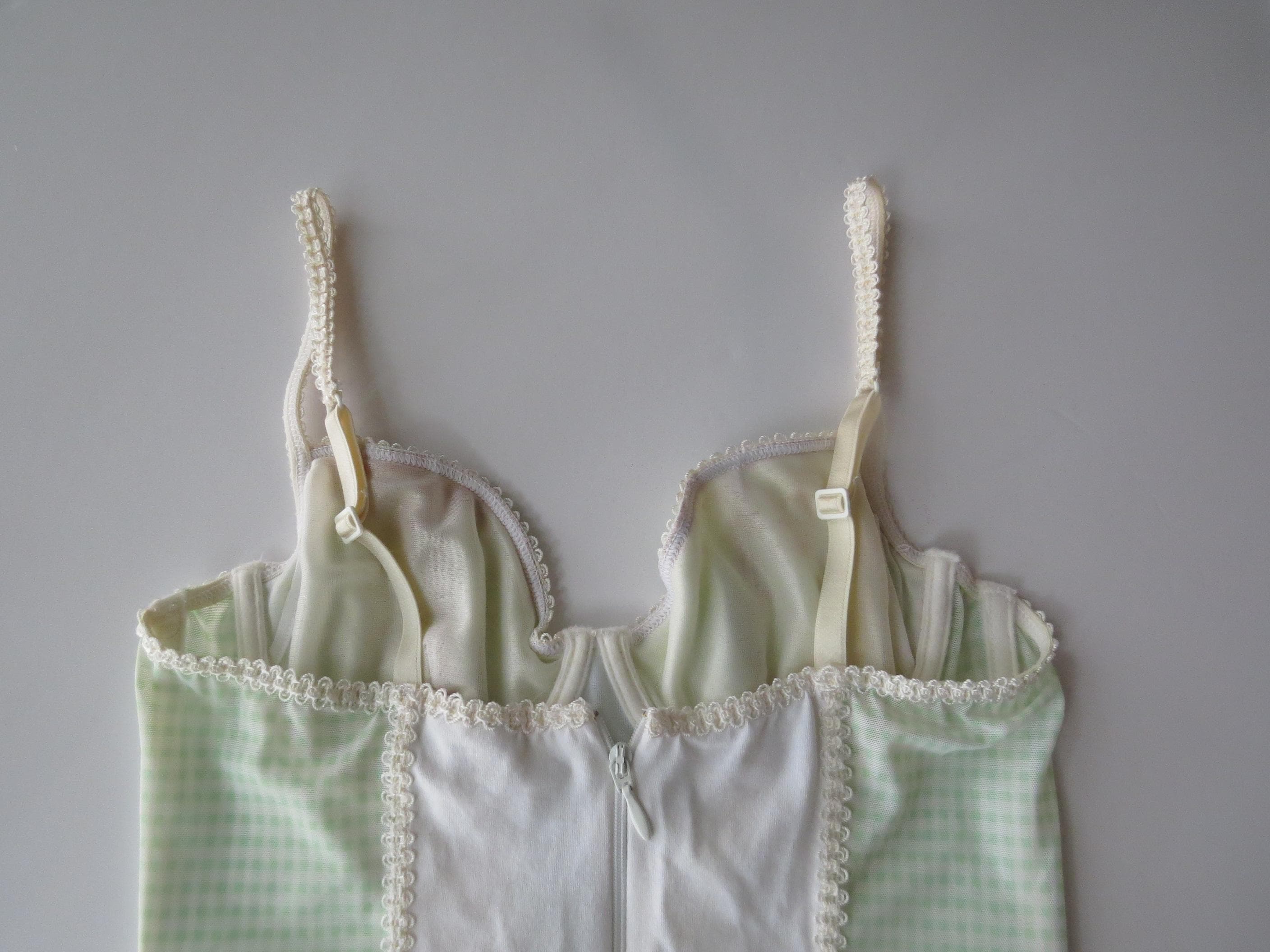 Vintage Italian Intimissimi Mint Green Checked Bustier, Gingham 2000s Lace Mesh Top, Picot Trim - Thumbnail 7