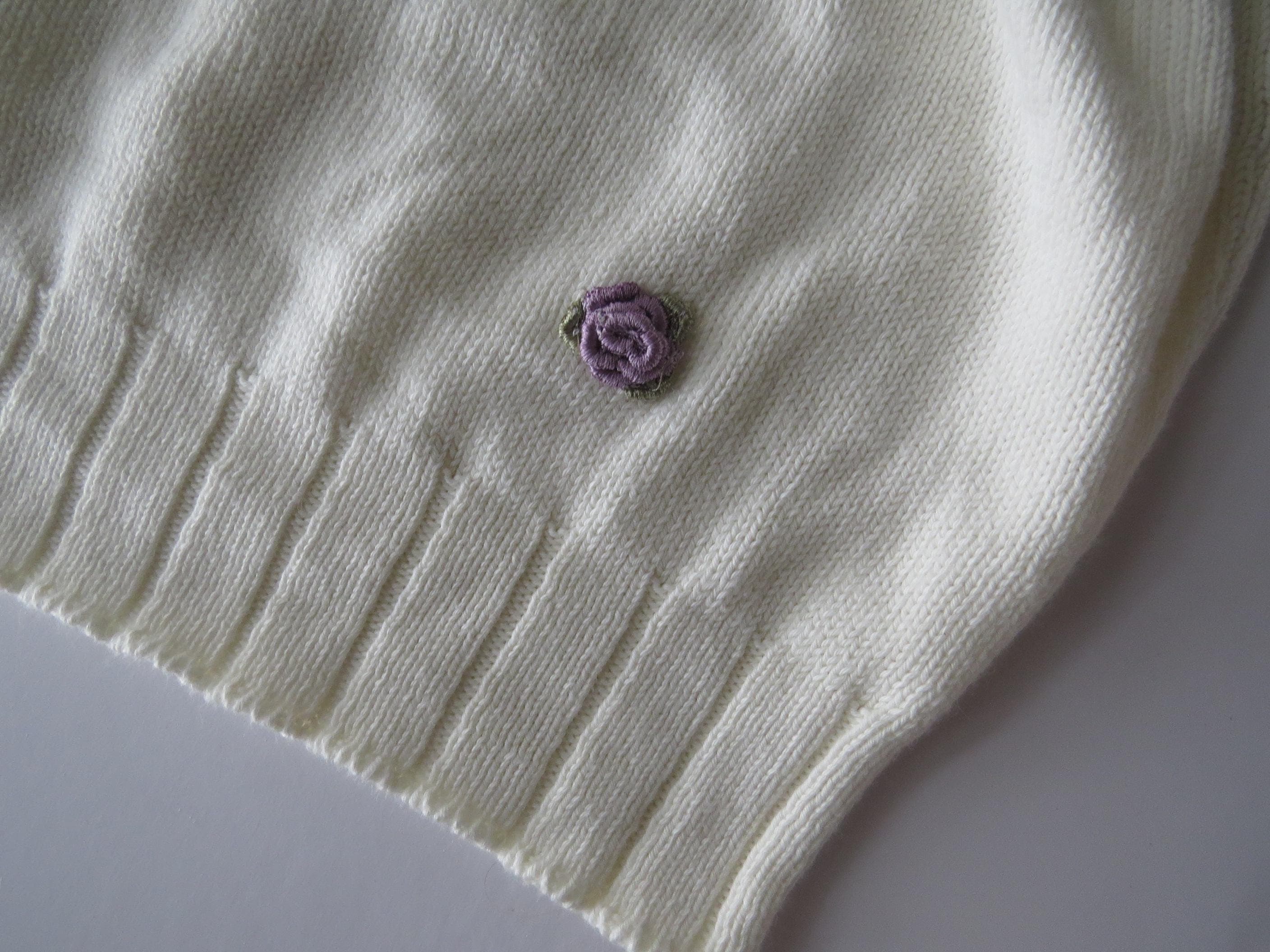 Vintage Knit Crop Top, Cream Ribbed Cami, Lilac Rosettes, 2000s Square Neck, Italian Knitwear - Thumbnail 2