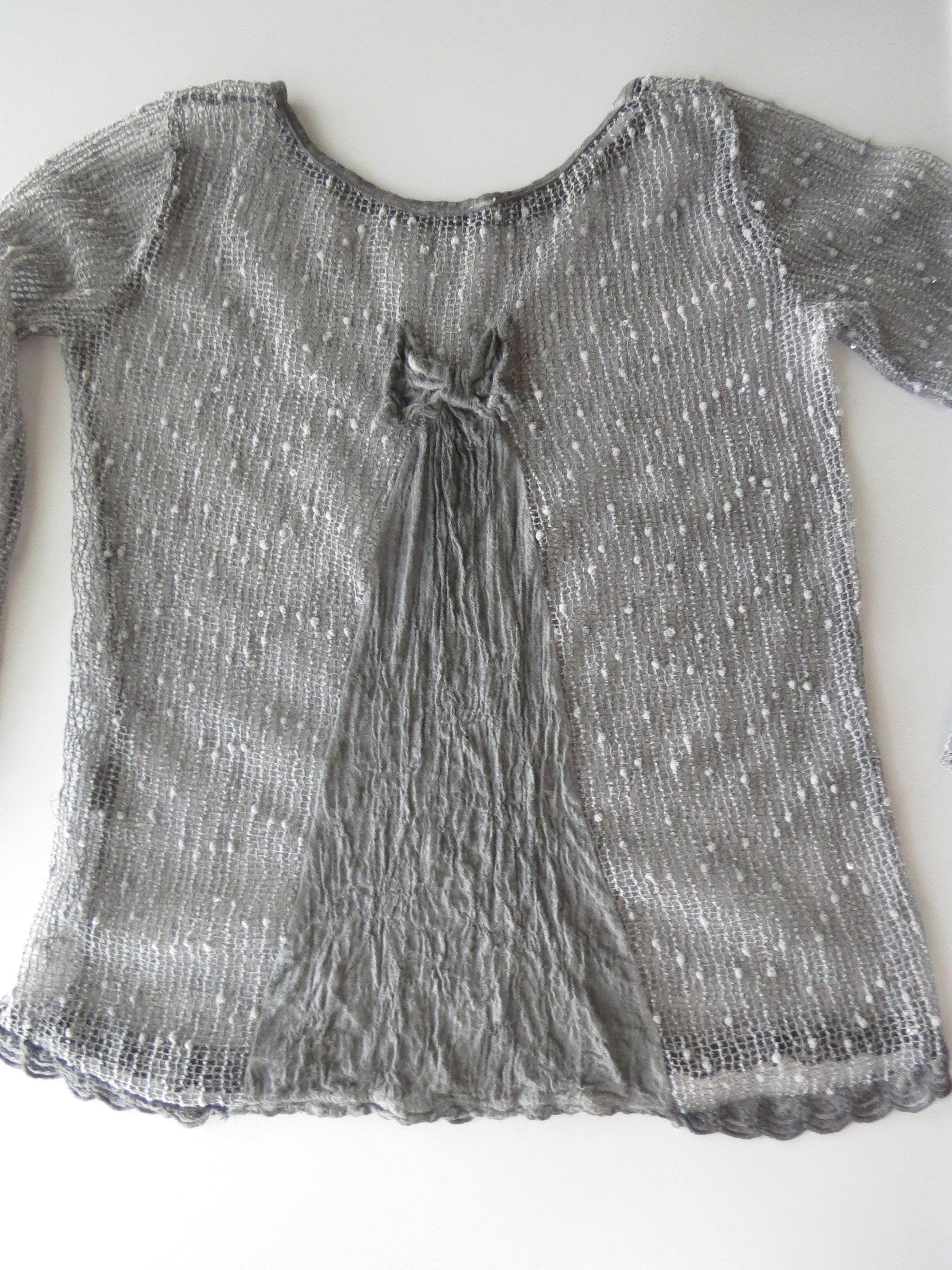 Vintage Italian Silk Open Knit Sweater, Sheer Grey, Made in Italy, Sequins Boucle Dot - Thumbnail 6