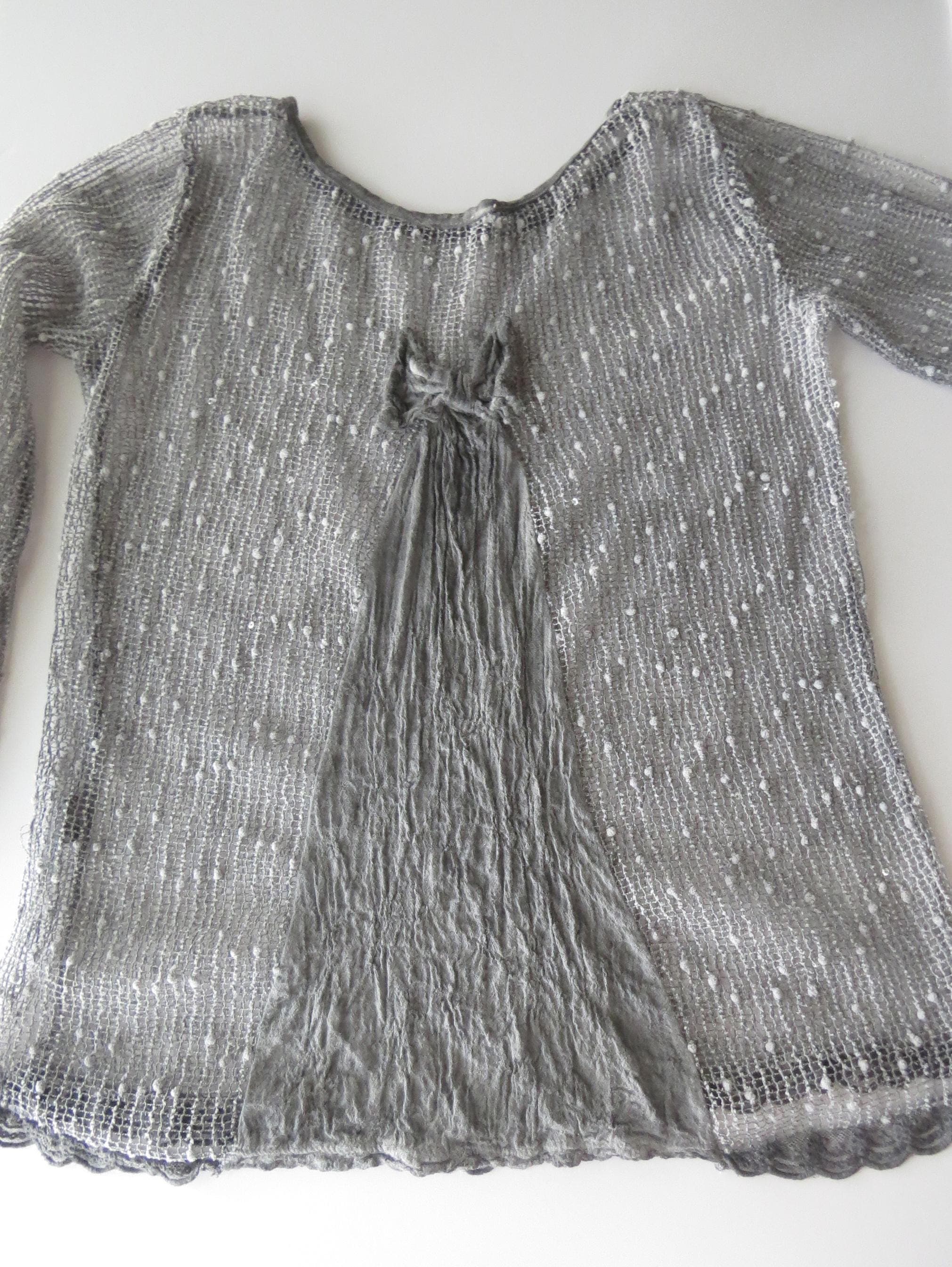 Vintage Italian Silk Open Knit Sweater, Sheer Grey, Made in Italy, Sequins Boucle Dot - Thumbnail 5
