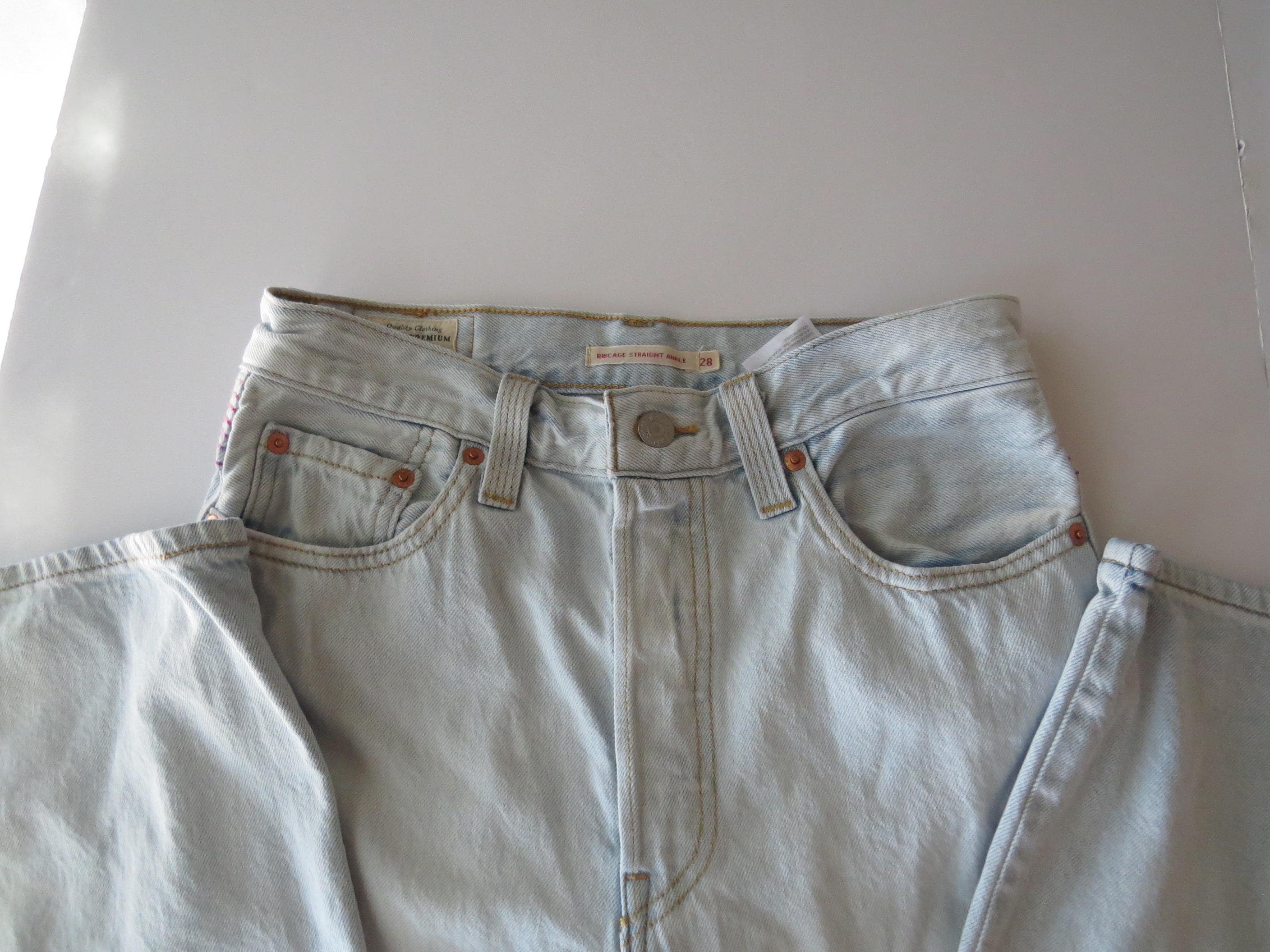 Levi’s Ribcage Straight Ankle Jeans Size 28, Pink & Purple Embroidery Stitching, No Back Pockets - Thumbnail 3