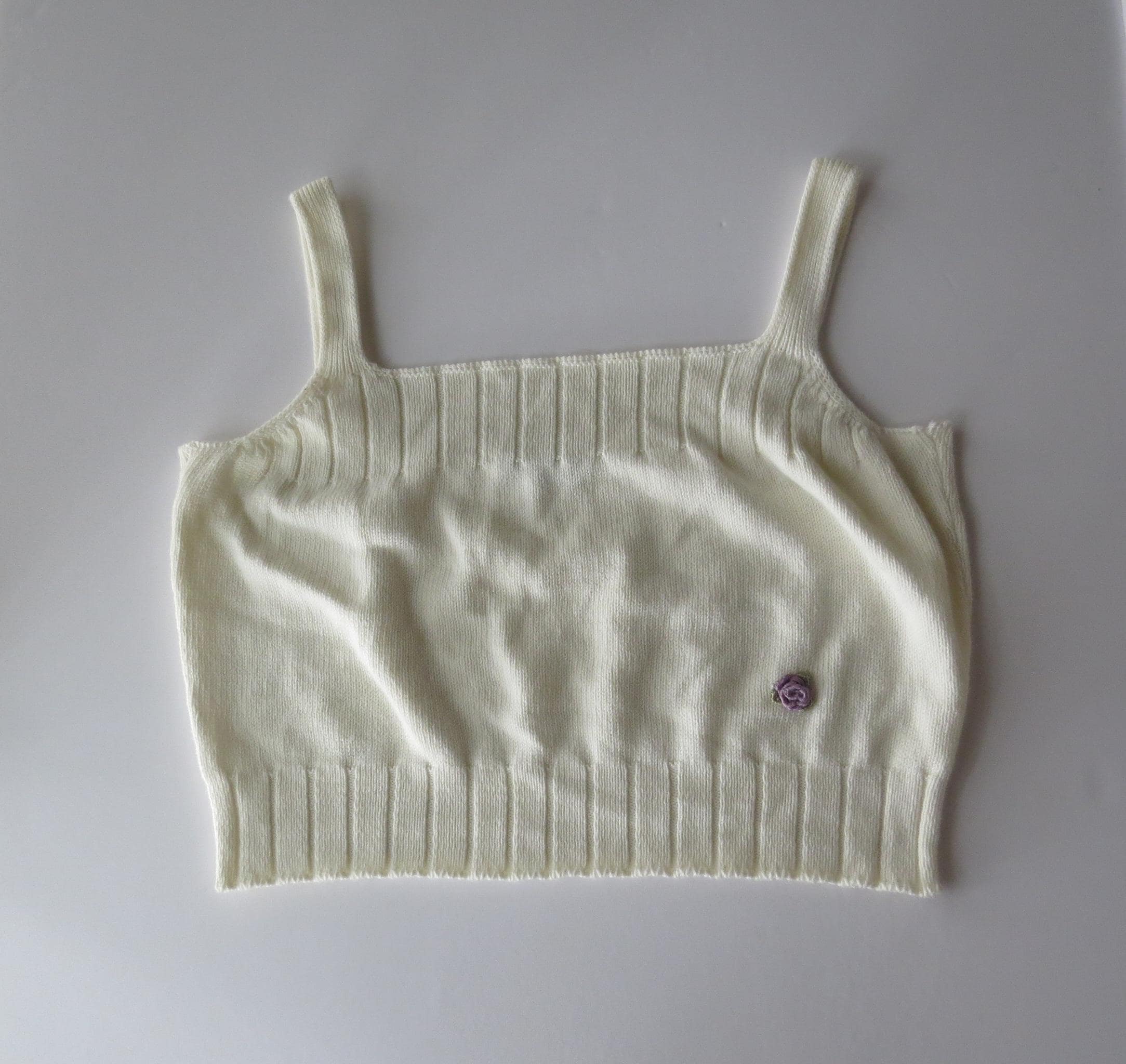 Vintage Knit Crop Top, Cream Ribbed Cami, Lilac Rosettes, 2000s Square Neck, Italian Knitwear