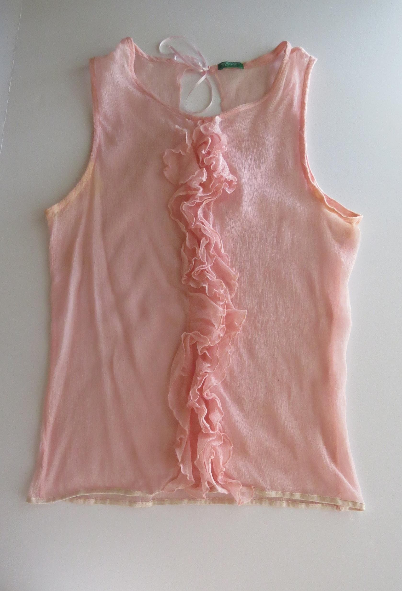 Vintage Silk Ruffle Tank, Pink Sheer Chiffon Sleeveless Top, Italy Ballet Cami, Italian 2000s - Thumbnail 5