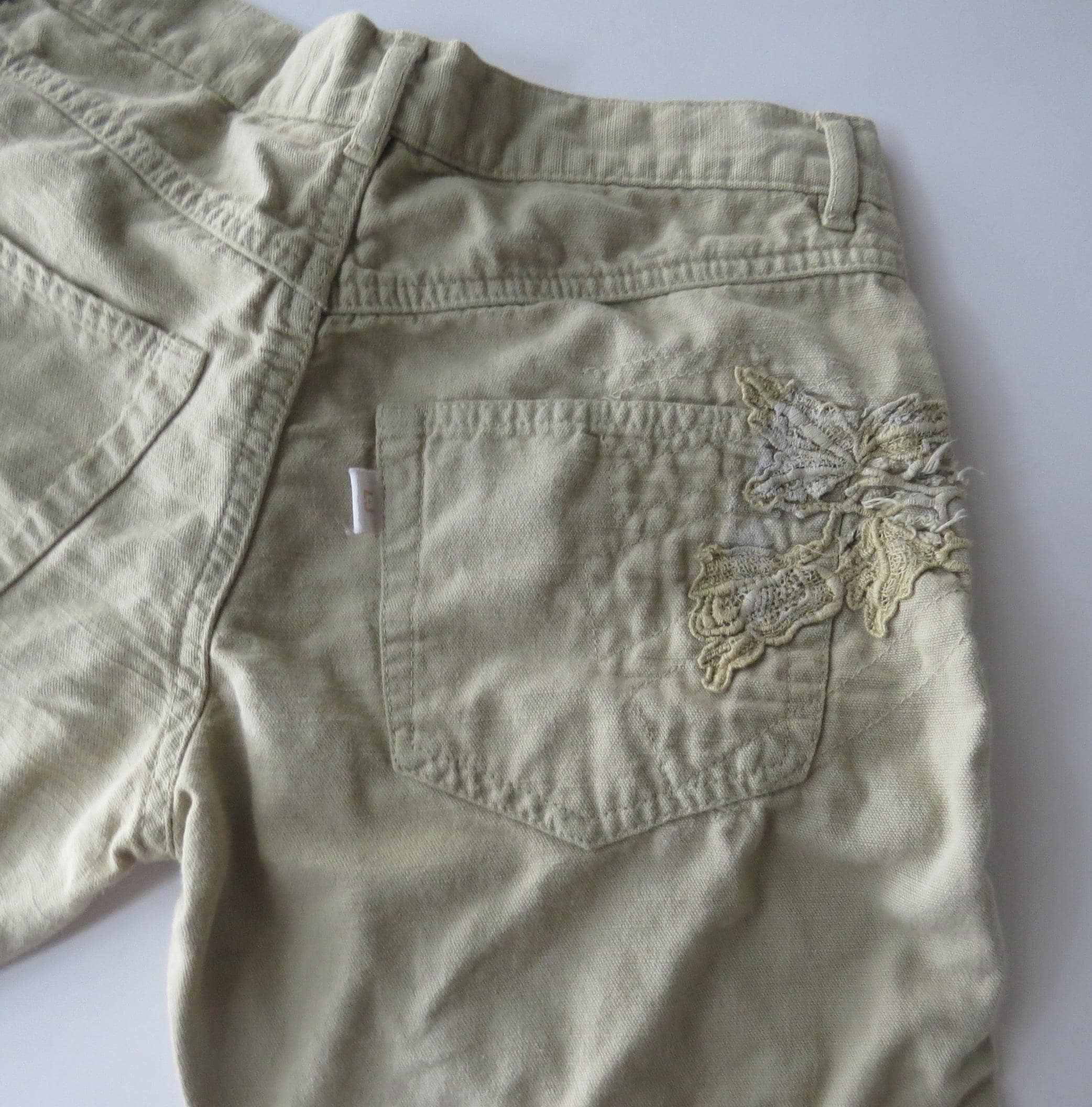 Vintage Italian Lace Appliqué Sage Khaki Bootcut Trousers, Hand-Painted Distressed 2000s - Thumbnail 7