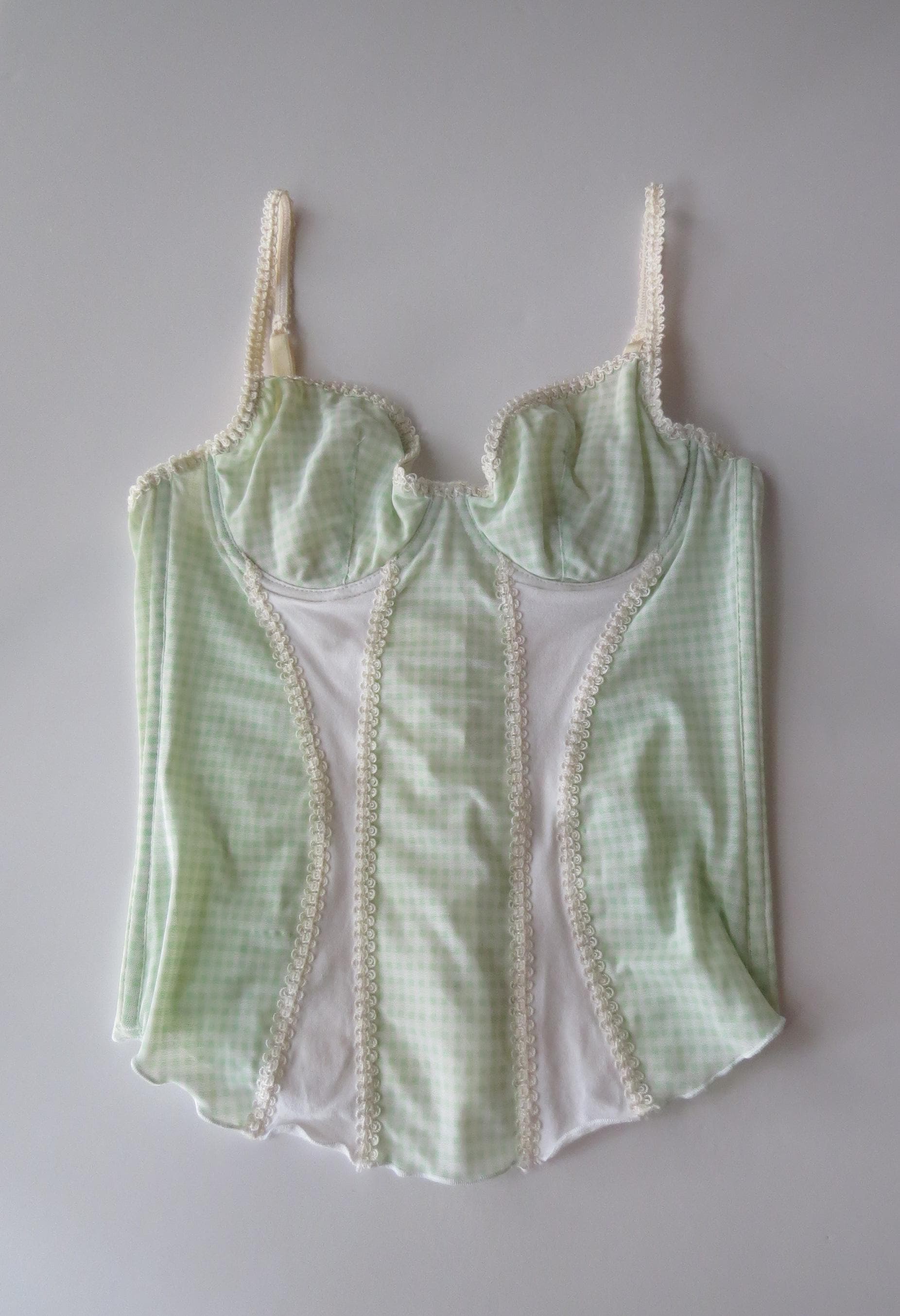 Vintage Italian Intimissimi Mint Green Checked Bustier, Gingham 2000s Lace Mesh Top, Picot Trim