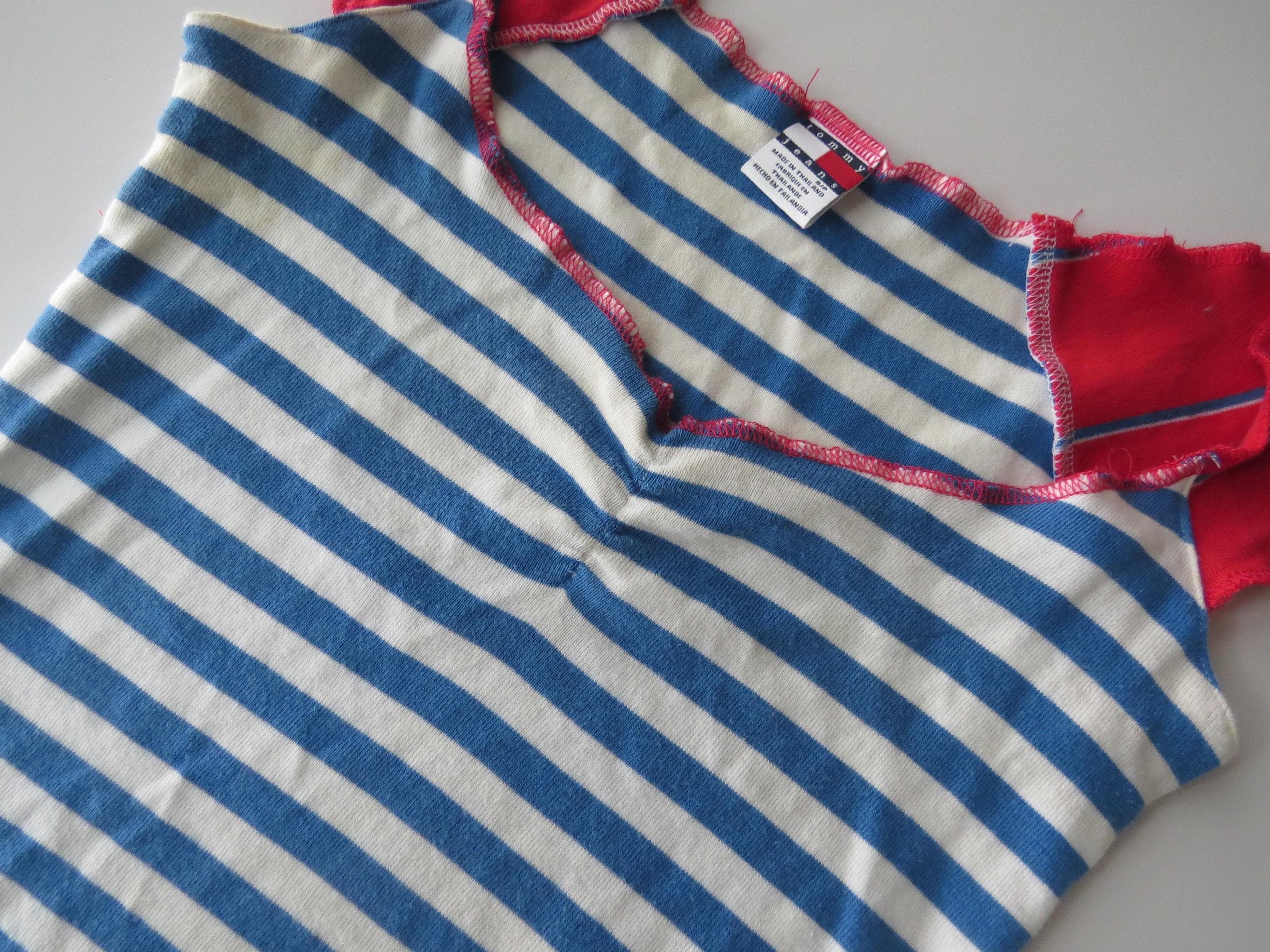 Vintage Tommy Striped Top, Blue White Off Shoulder Cap Sleeve Tee, 90s Tommy Hilfiger - Thumbnail 5