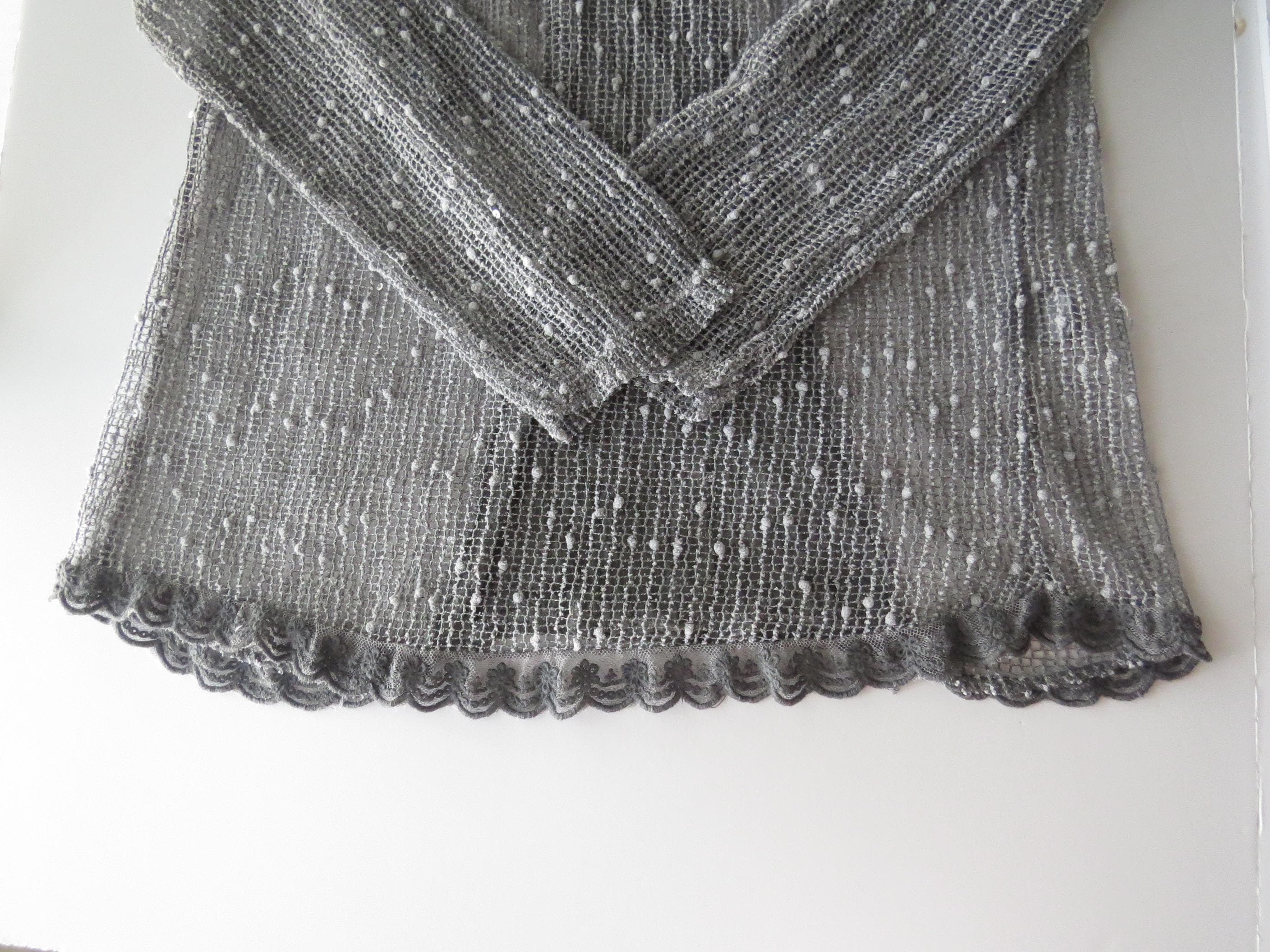 Vintage Italian Silk Open Knit Sweater, Sheer Grey, Made in Italy, Sequins Boucle Dot - Thumbnail 3