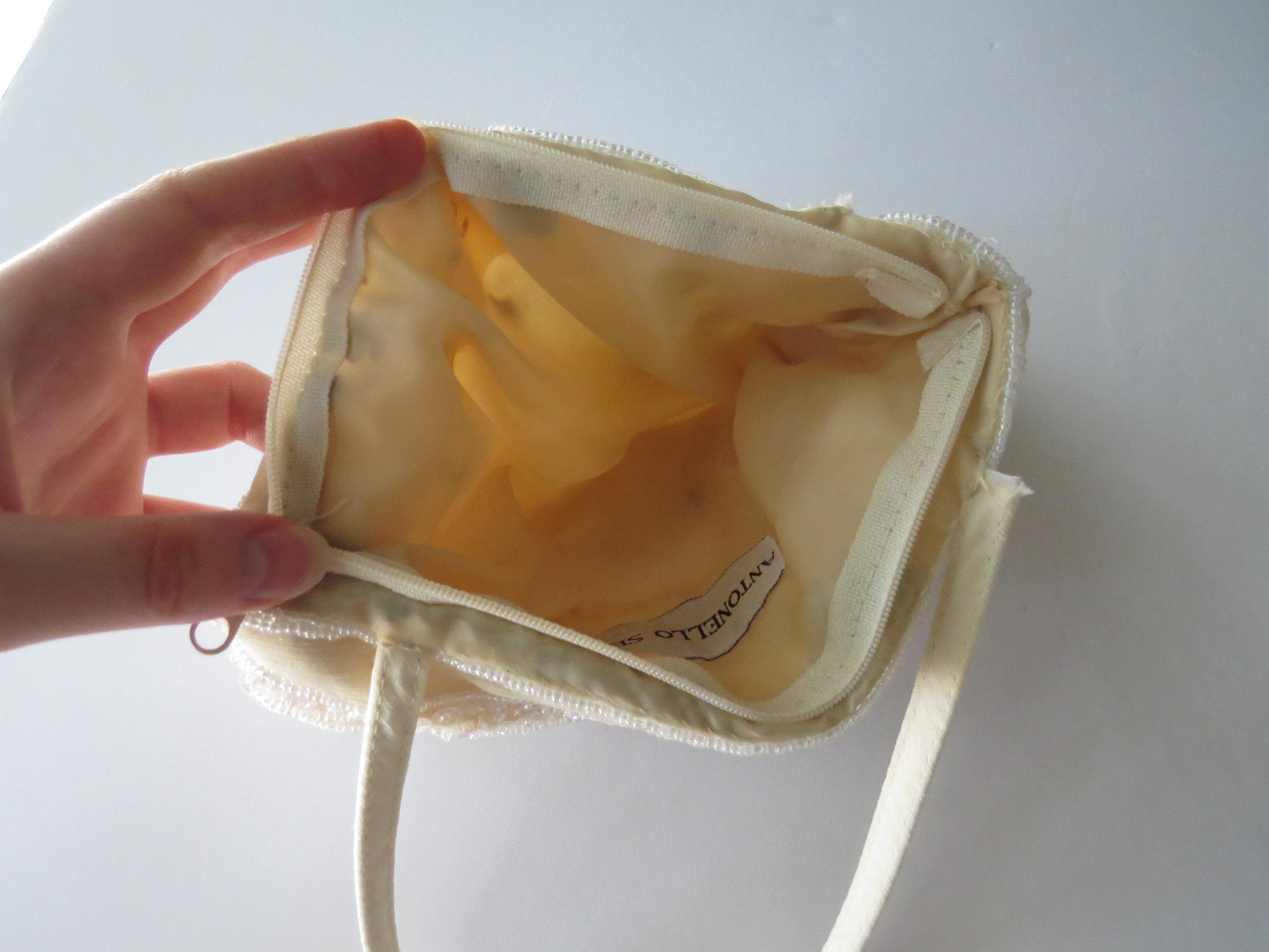 Vintage Beaded Evening Bag, Ivory Sequinsed Handbag, Antonello Serio Purse, Iridescent Beadwork Bridal Clutch - Thumbnail 11
