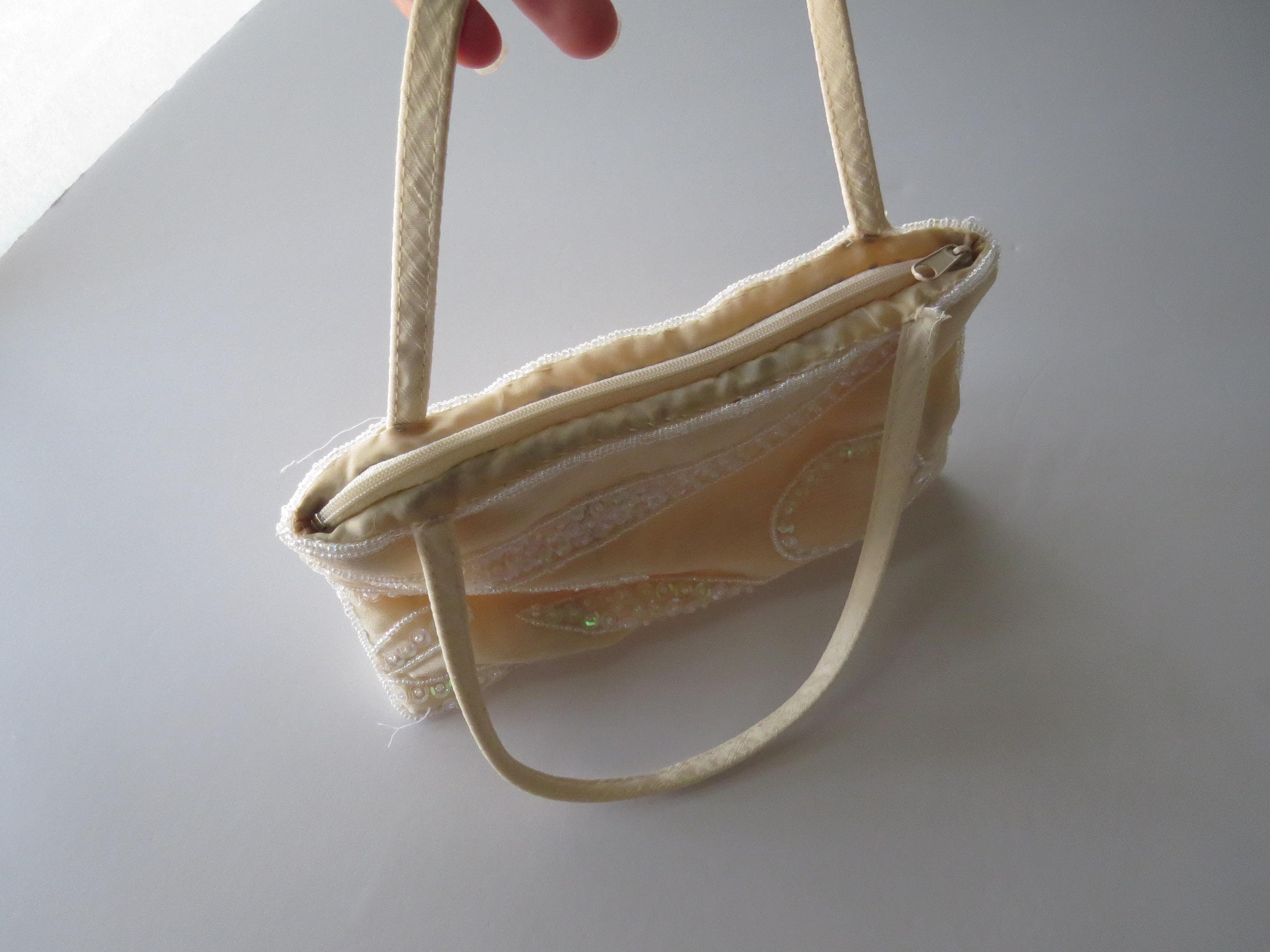 Vintage Beaded Evening Bag, Ivory Sequinsed Handbag, Antonello Serio Purse, Iridescent Beadwork Bridal Clutch - Thumbnail 10