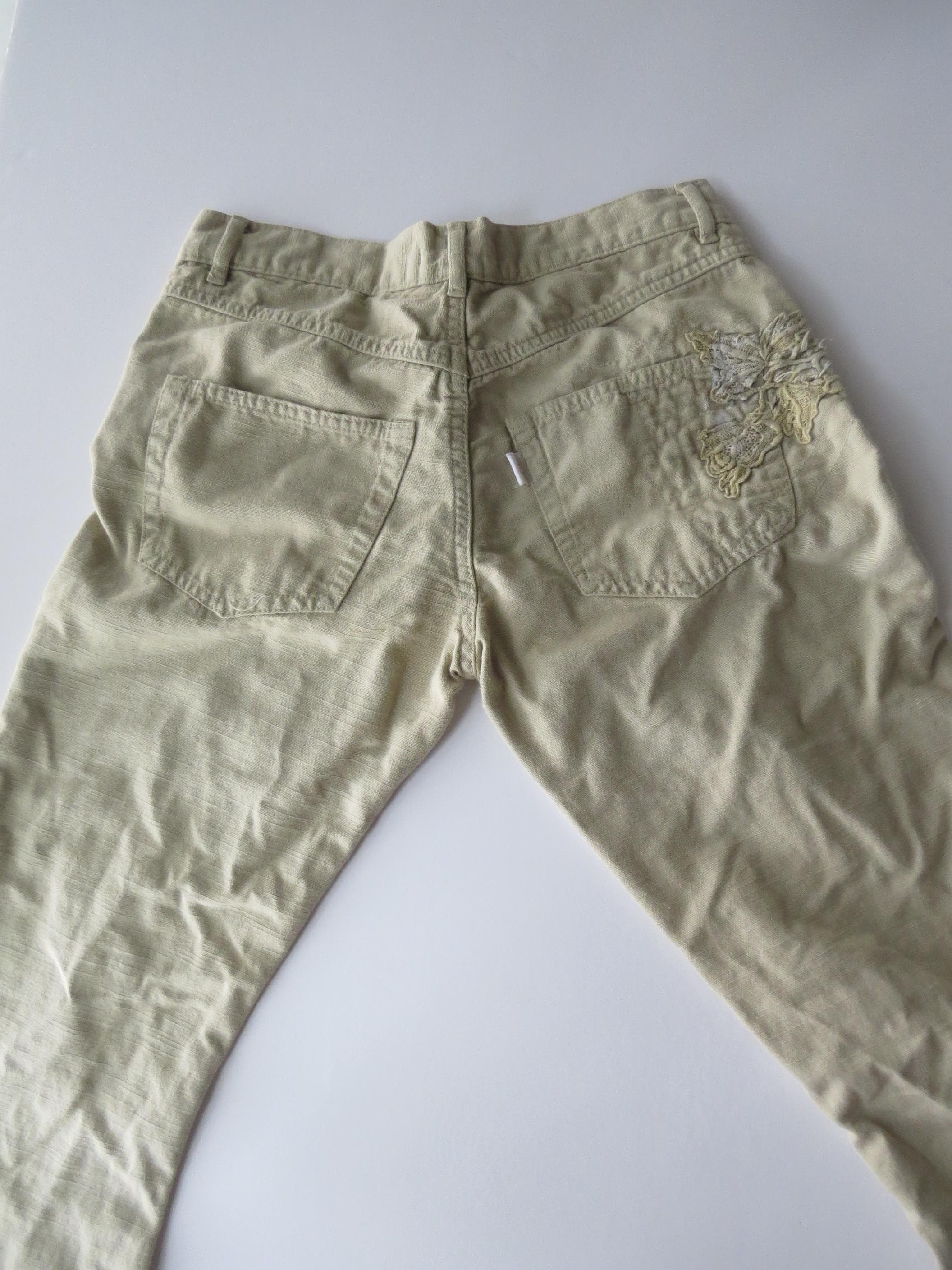 Vintage Italian Lace Appliqué Sage Khaki Bootcut Trousers, Hand-Painted Distressed 2000s - Thumbnail 9