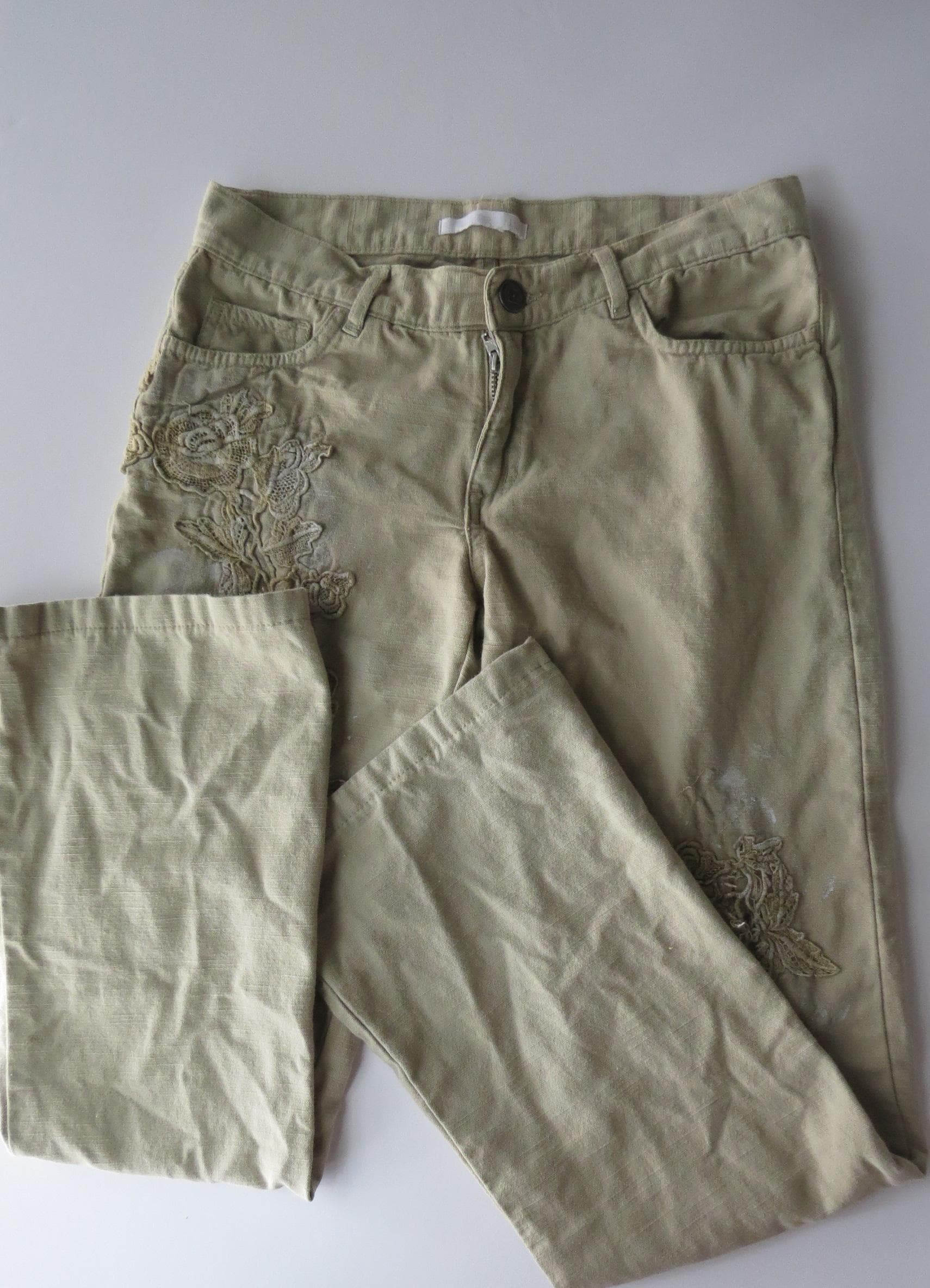 Vintage Italian Lace Appliqué Sage Khaki Bootcut Trousers, Hand-Painted Distressed 2000s - Thumbnail 2
