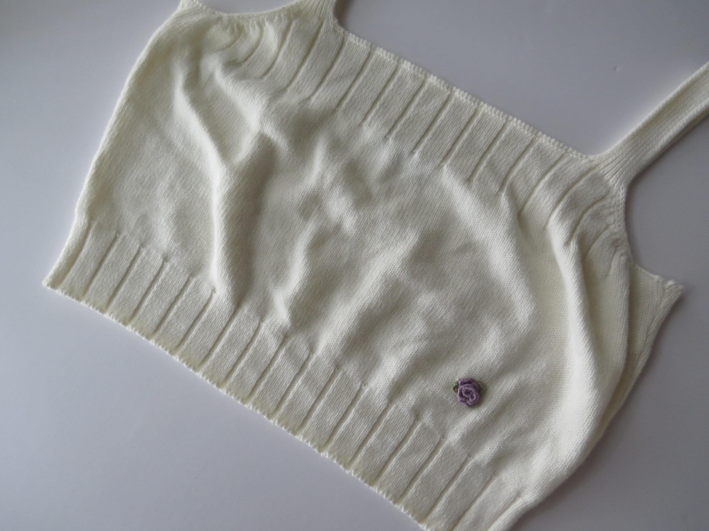 Vintage Knit Crop Top, Cream Ribbed Cami, Lilac Rosettes, 2000s Square Neck, Italian Knitwear - Thumbnail 3