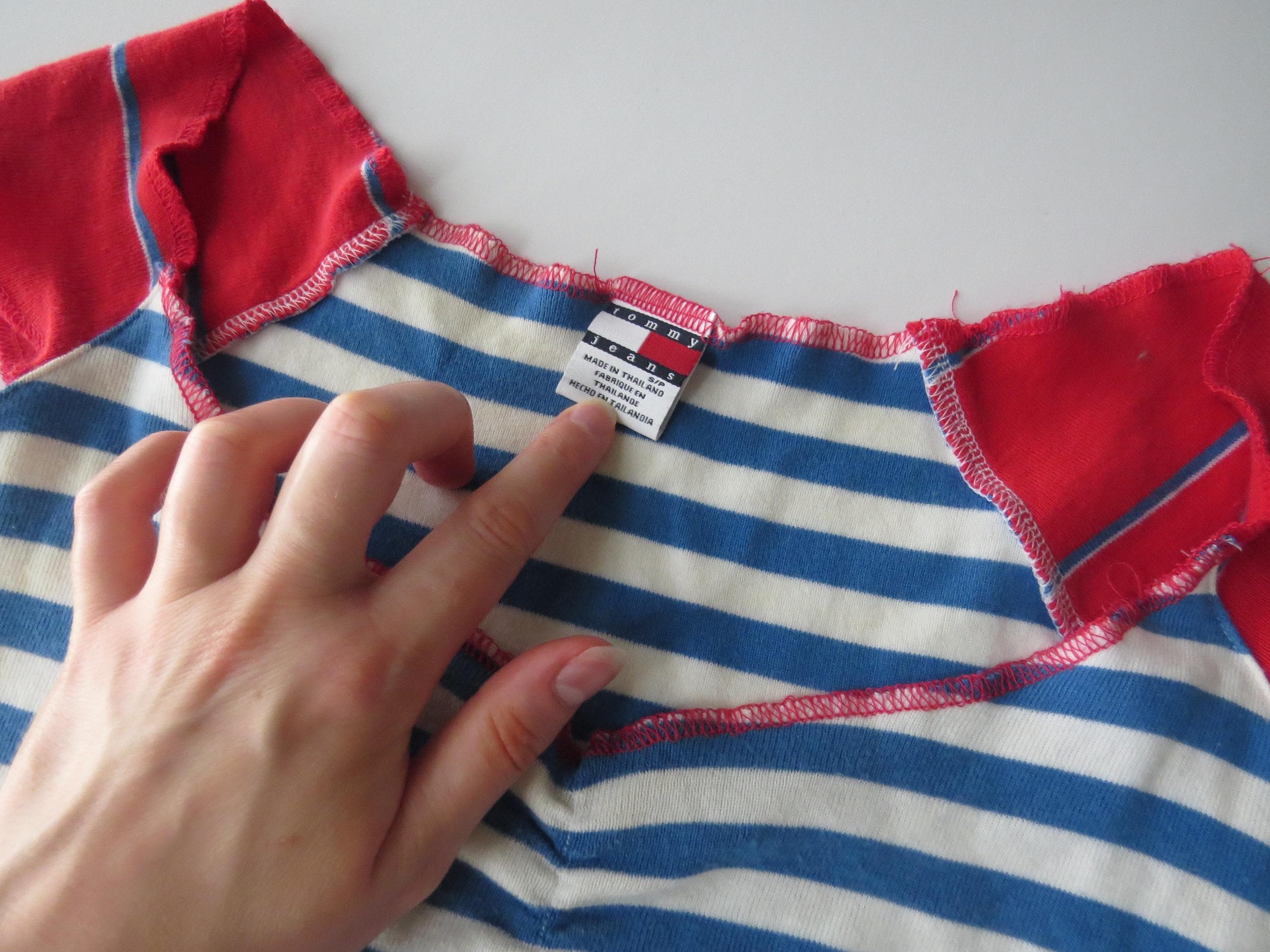 Vintage Tommy Striped Top, Blue White Off Shoulder Cap Sleeve Tee, 90s Tommy Hilfiger - Thumbnail 2