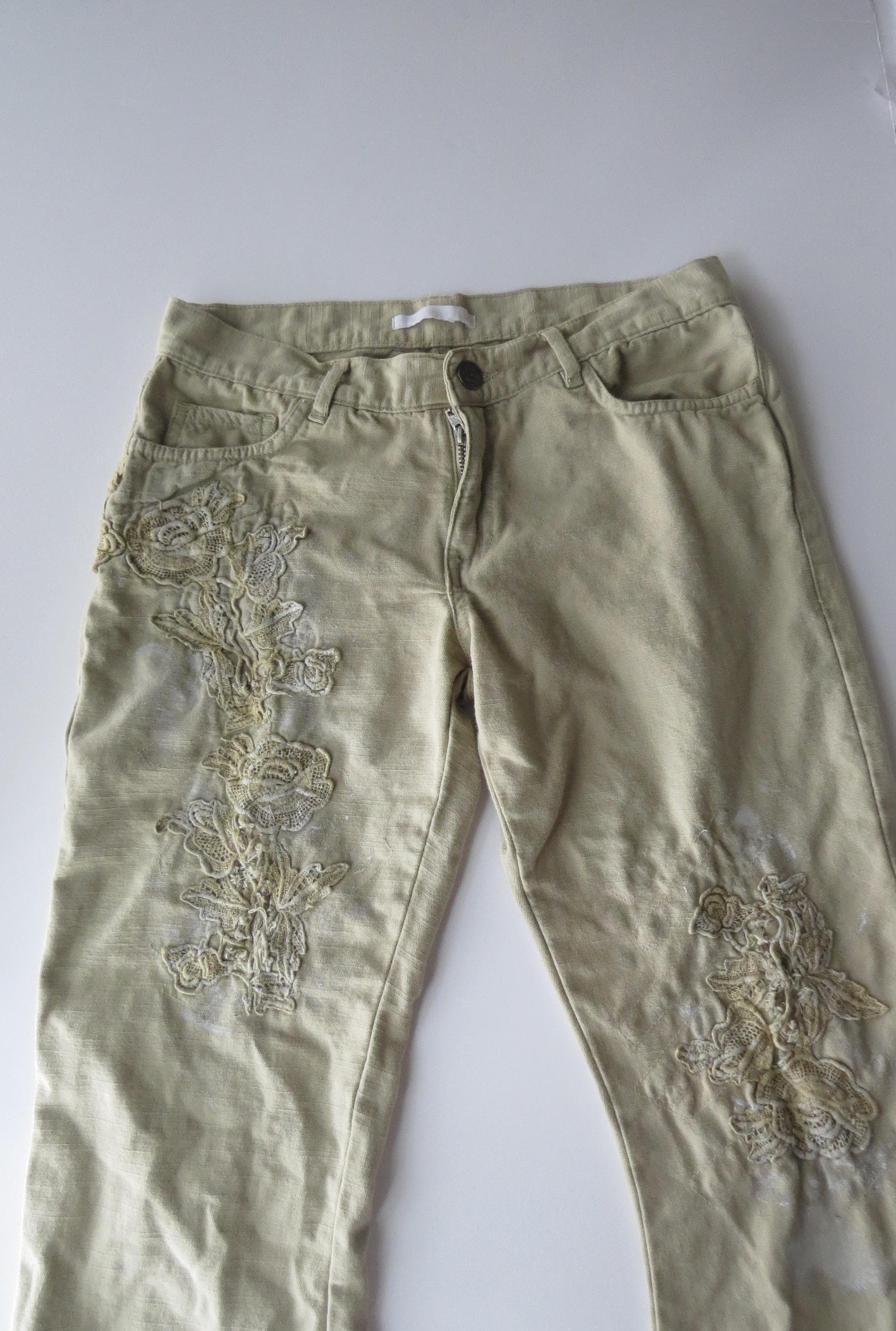 Vintage Italian Lace Appliqué Sage Khaki Bootcut Trousers, Hand-Painted Distressed 2000s