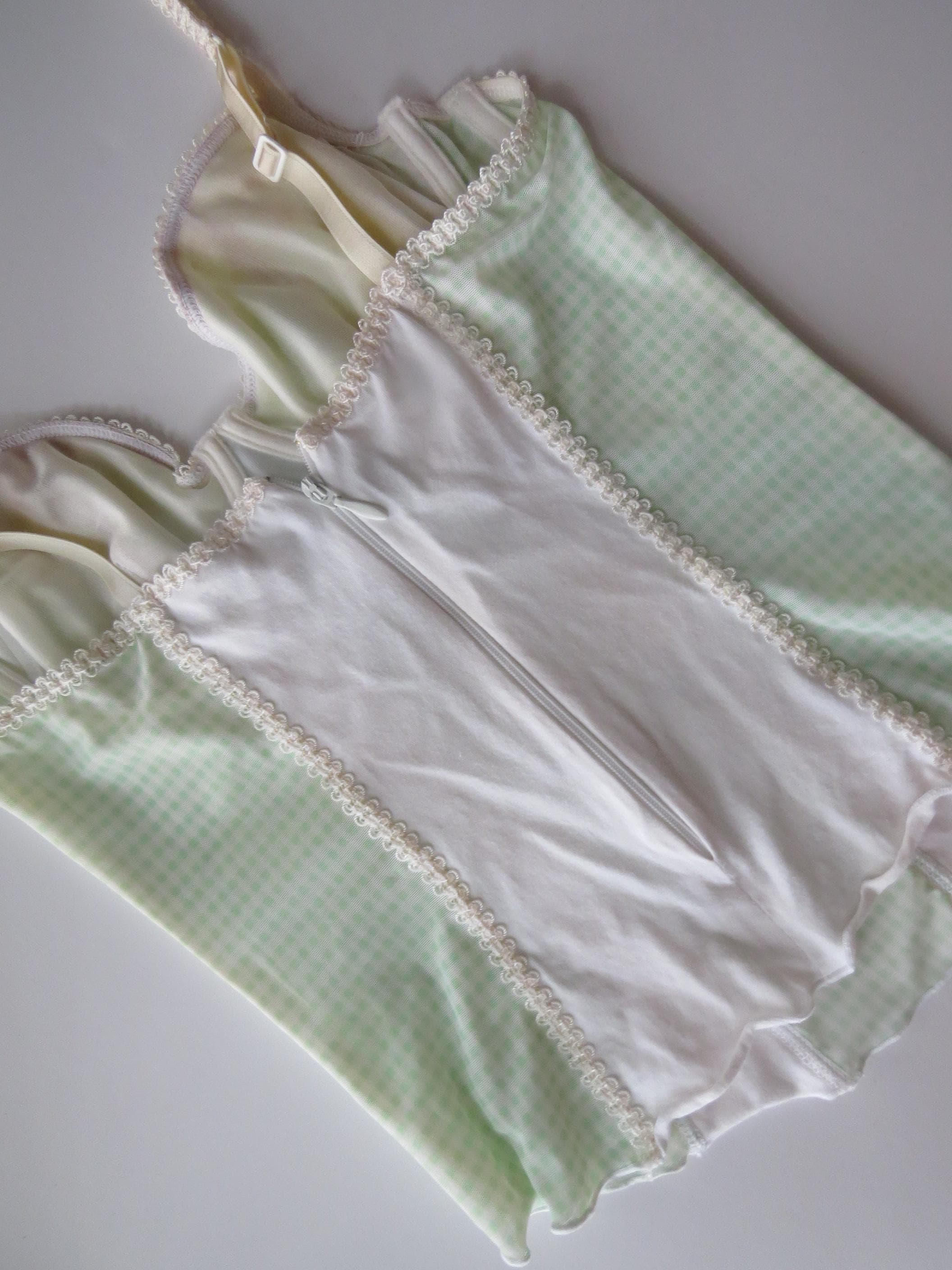 Vintage Italian Intimissimi Mint Green Checked Bustier, Gingham 2000s Lace Mesh Top, Picot Trim - Thumbnail 8