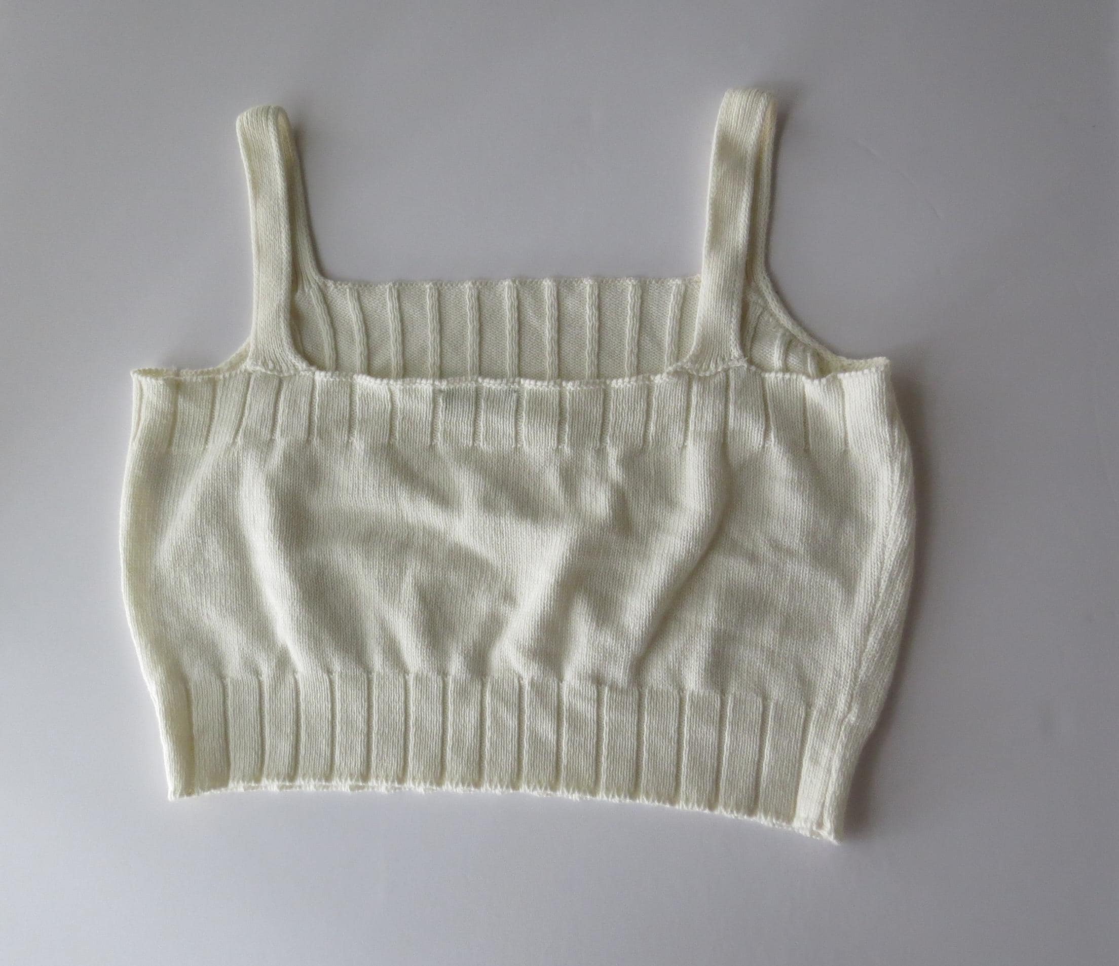 Vintage Knit Crop Top, Cream Ribbed Cami, Lilac Rosettes, 2000s Square Neck, Italian Knitwear - Thumbnail 5