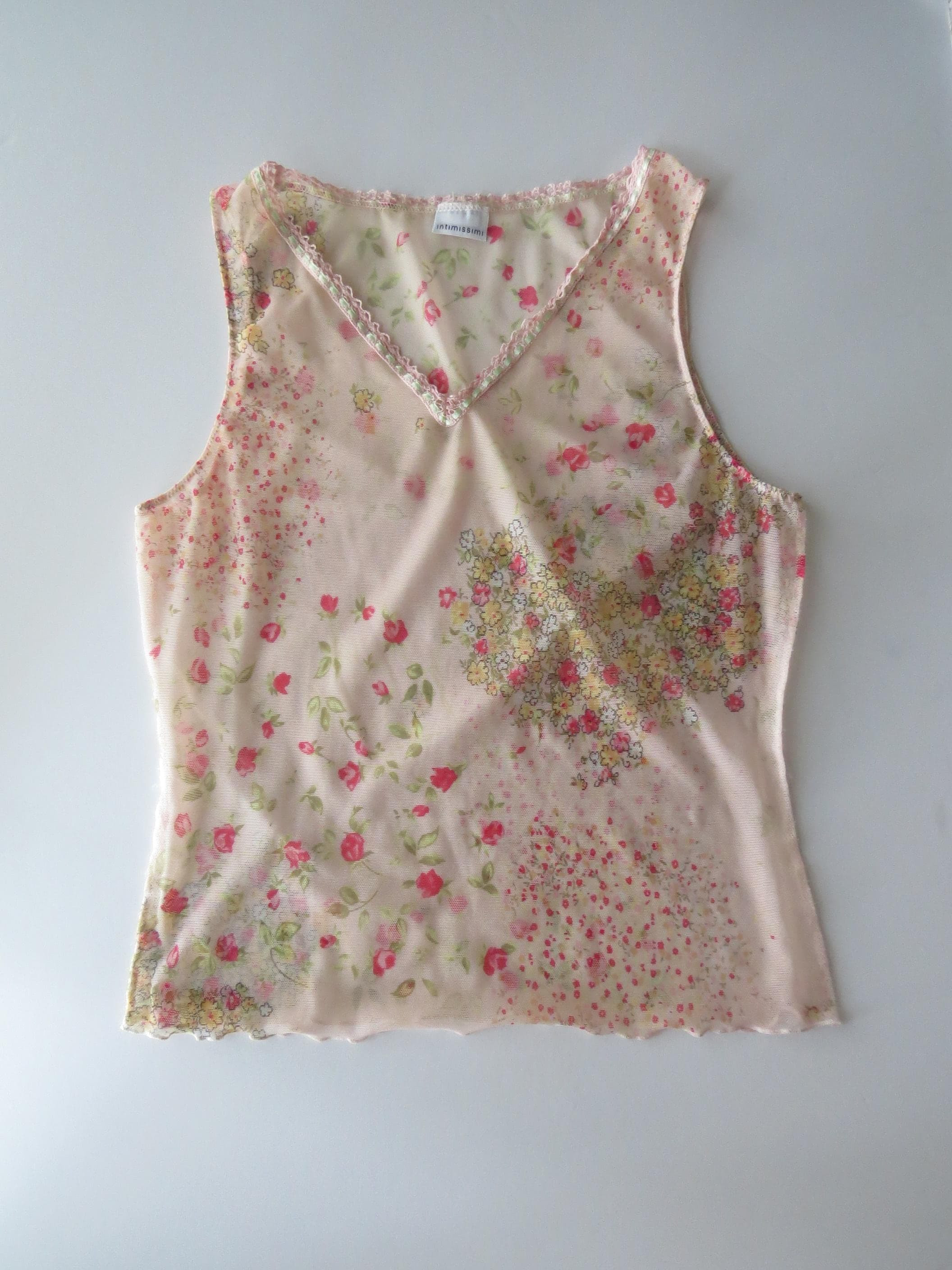 Vintage Italian Sheer Pink Floral Mesh Tank Top, Vintage Intimissimi Ditsy Rose Print Camisole