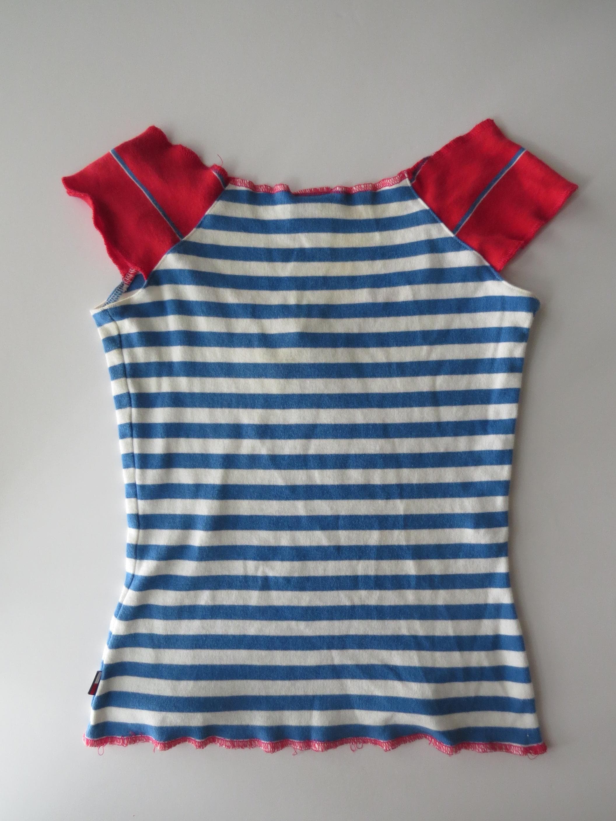 Vintage Tommy Striped Top, Blue White Off Shoulder Cap Sleeve Tee, 90s Tommy Hilfiger - Thumbnail 6