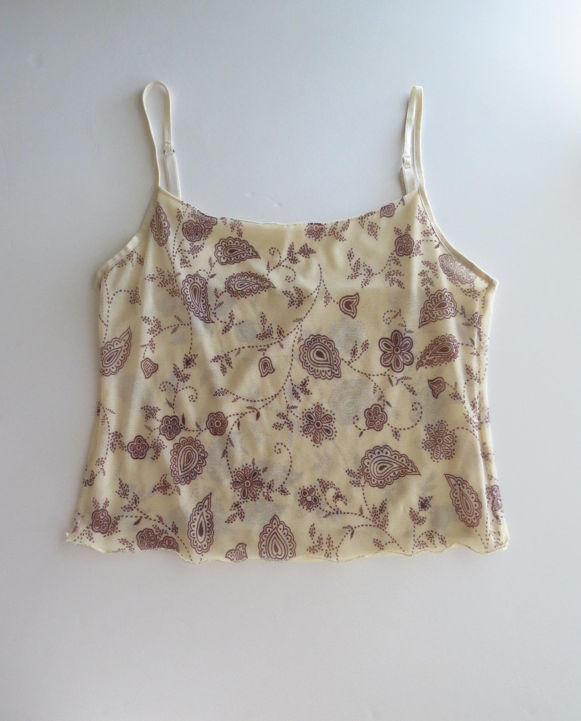 Vintage Intimissimi Mesh Paisley Tan Burgundy Camisole, Italy, 2000s Italian Tank Top