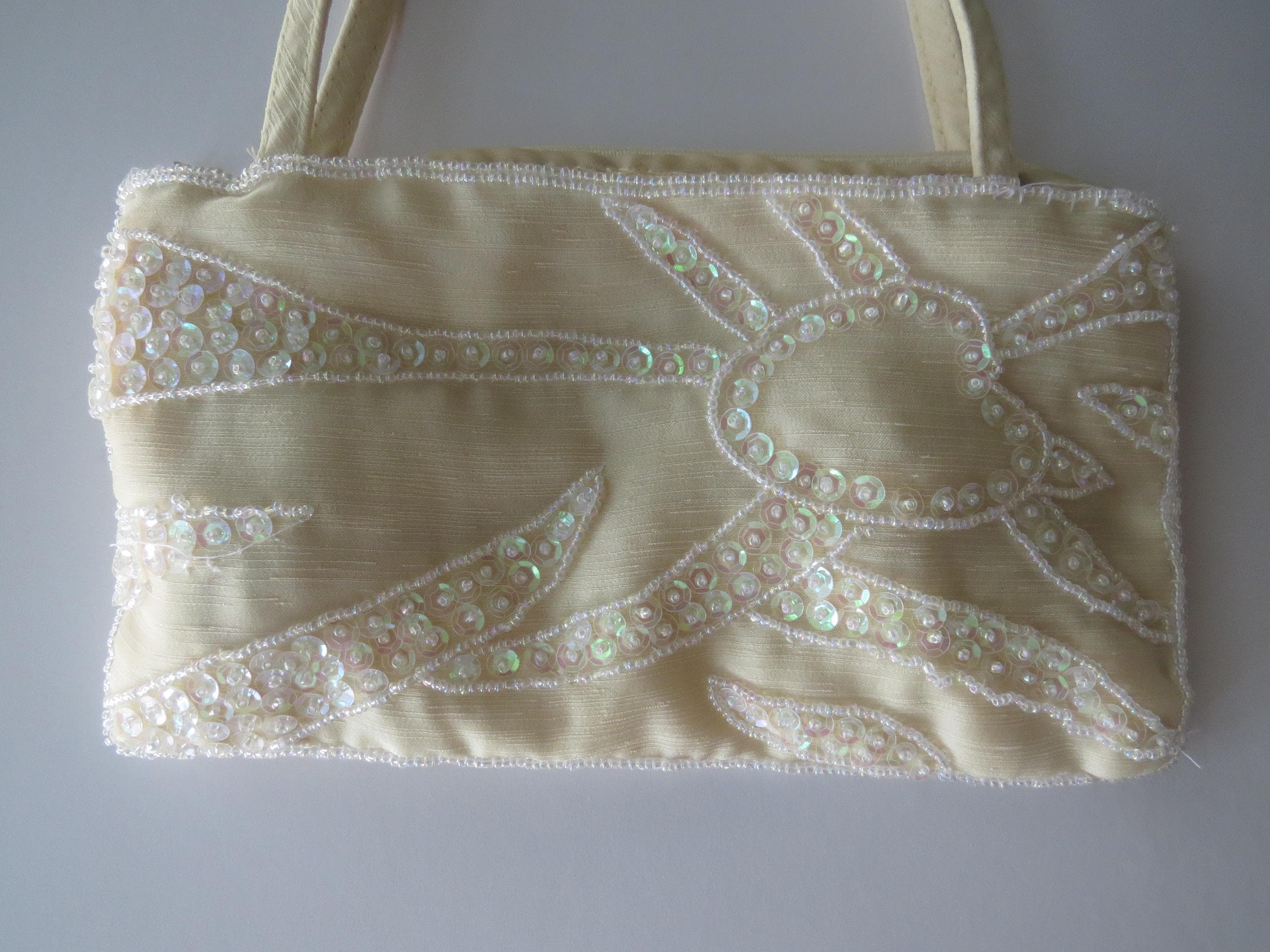 Vintage Beaded Evening Bag, Ivory Sequinsed Handbag, Antonello Serio Purse, Iridescent Beadwork Bridal Clutch - Thumbnail 4