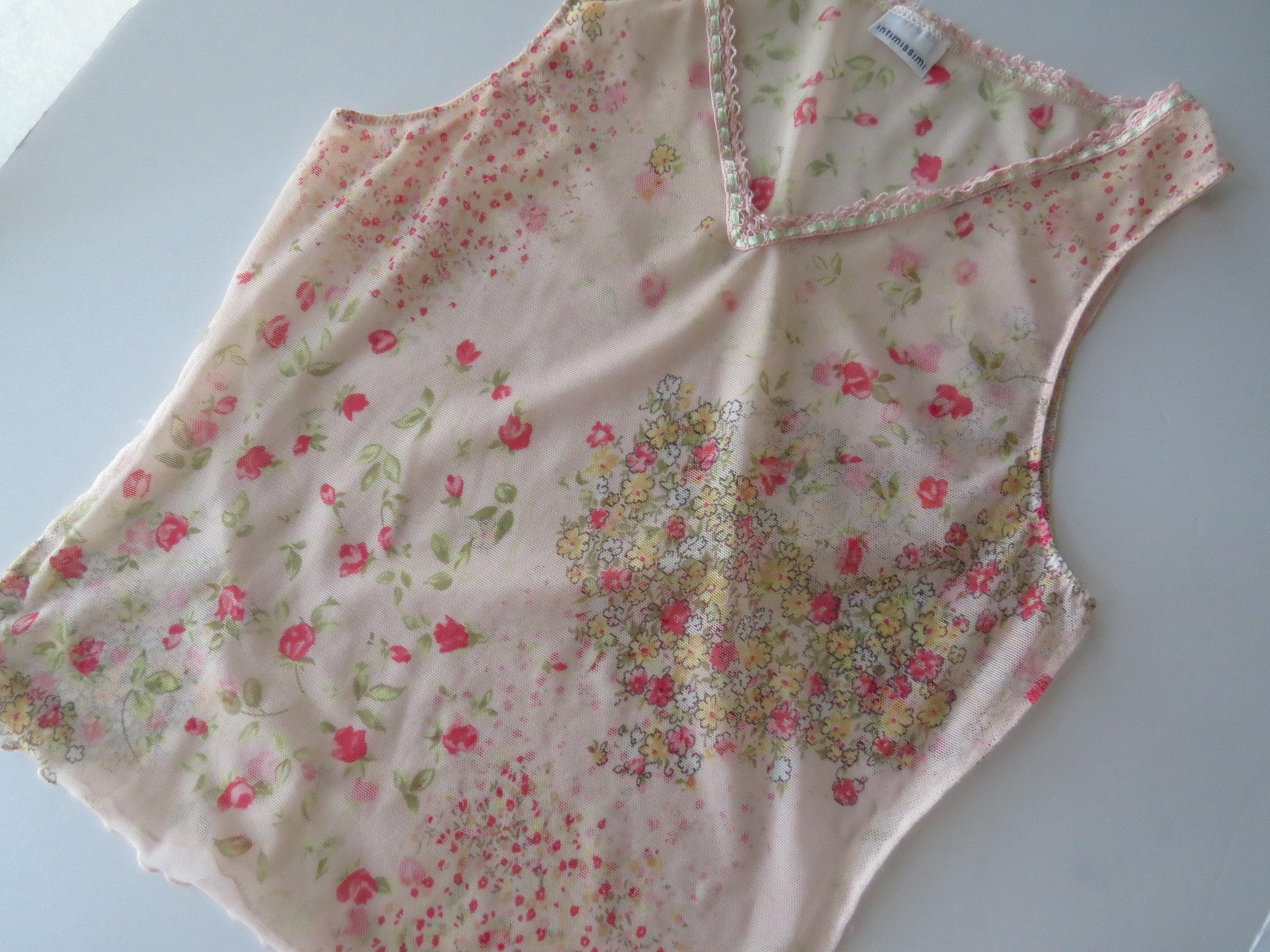 Vintage Italian Sheer Pink Floral Mesh Tank Top, Vintage Intimissimi Ditsy Rose Print Camisole - Thumbnail 6
