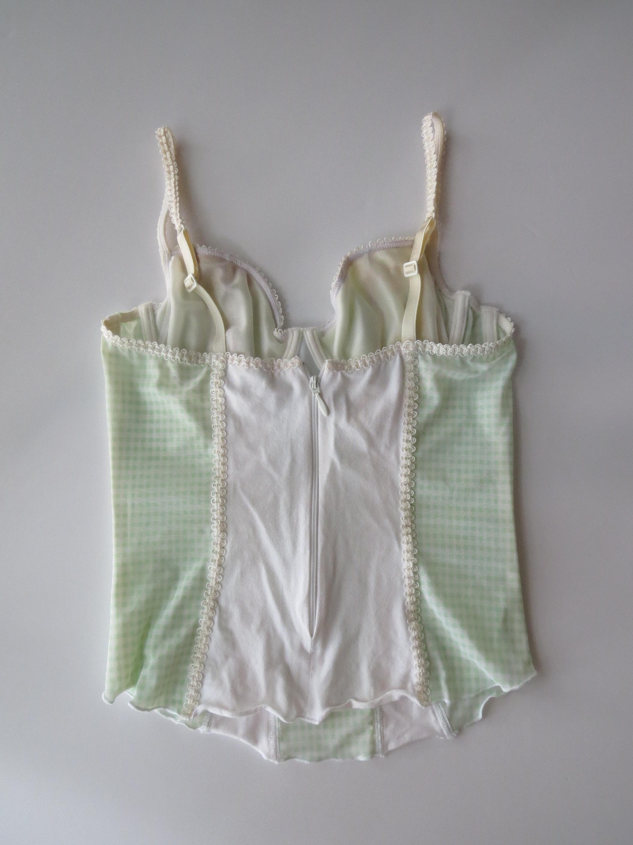Vintage Italian Intimissimi Mint Green Checked Bustier, Gingham 2000s Lace Mesh Top, Picot Trim - Thumbnail 6