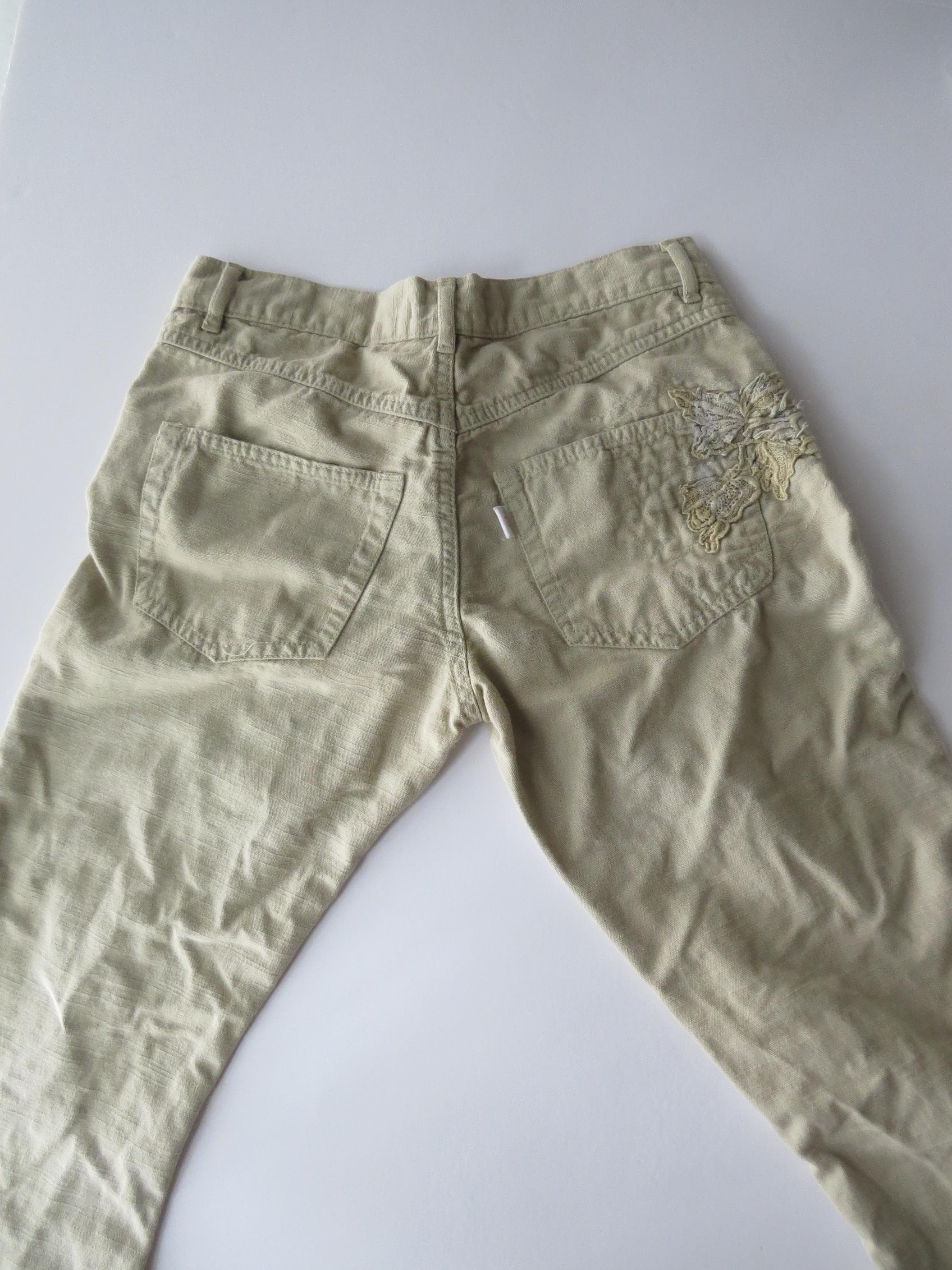 Vintage Italian Lace Appliqué Sage Khaki Bootcut Trousers, Hand-Painted Distressed 2000s - Thumbnail 8