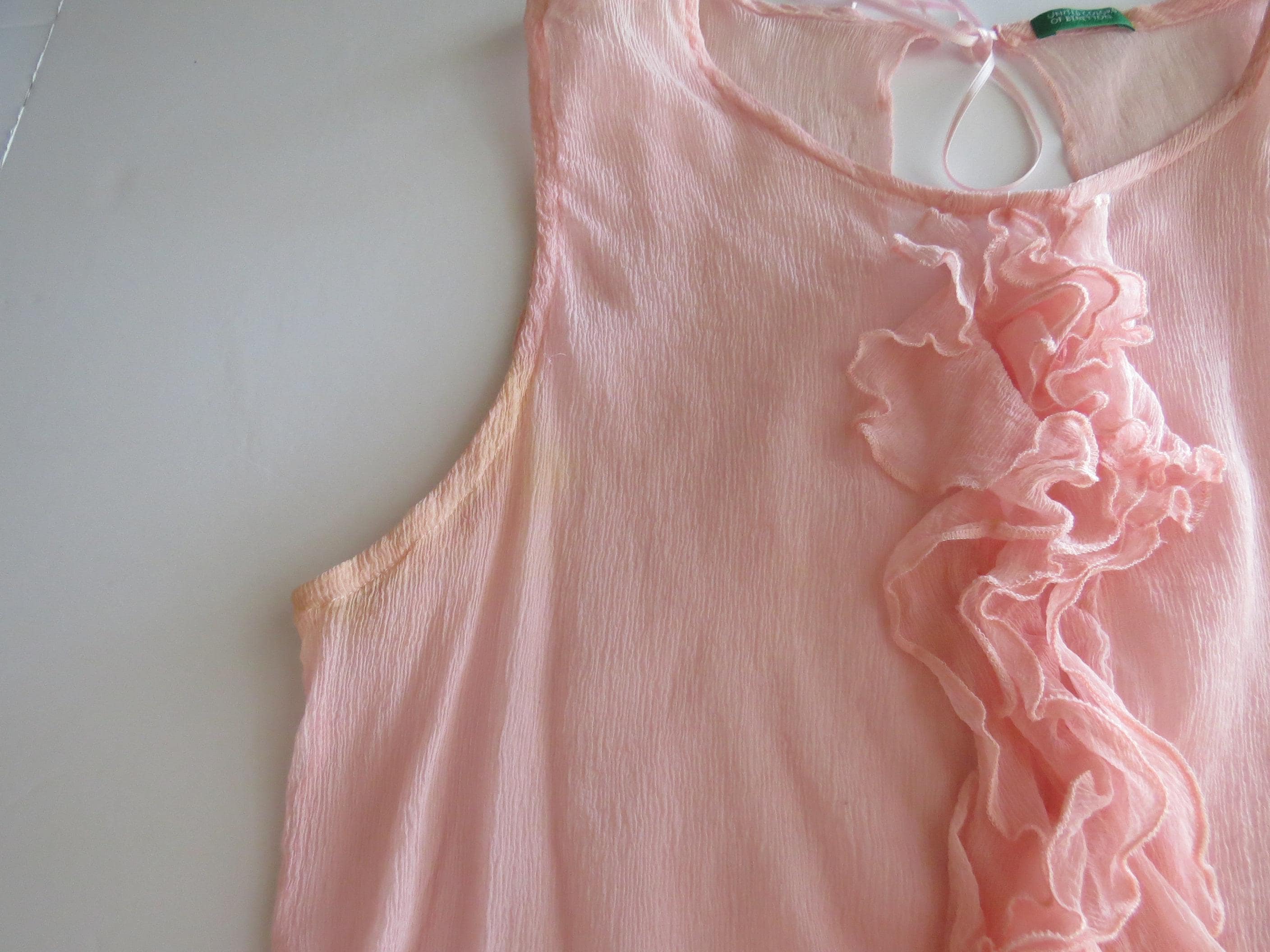 Vintage Silk Ruffle Tank, Pink Sheer Chiffon Sleeveless Top, Italy Ballet Cami, Italian 2000s - Thumbnail 2