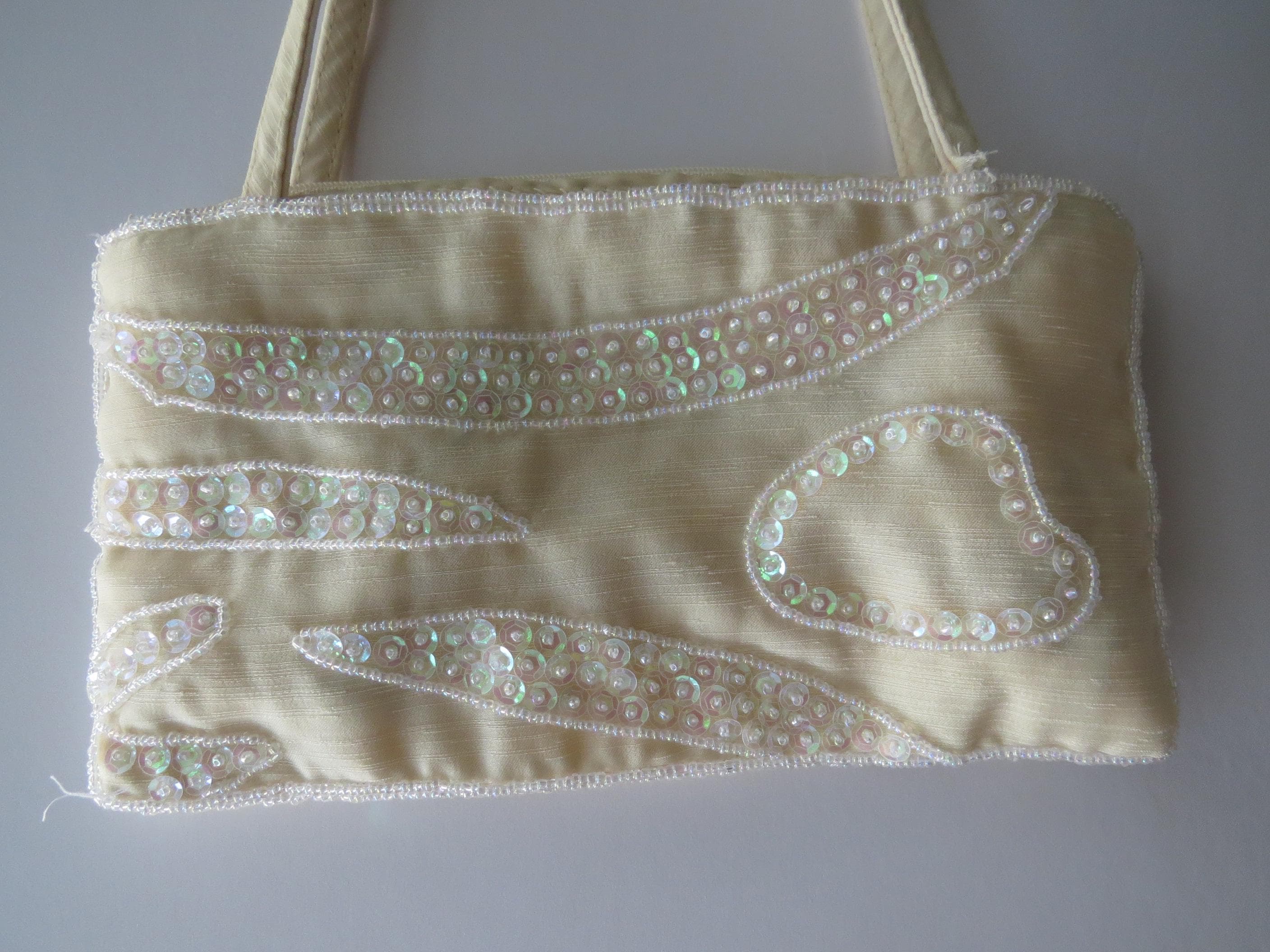 Vintage Beaded Evening Bag, Ivory Sequinsed Handbag, Antonello Serio Purse, Iridescent Beadwork Bridal Clutch - Thumbnail 7