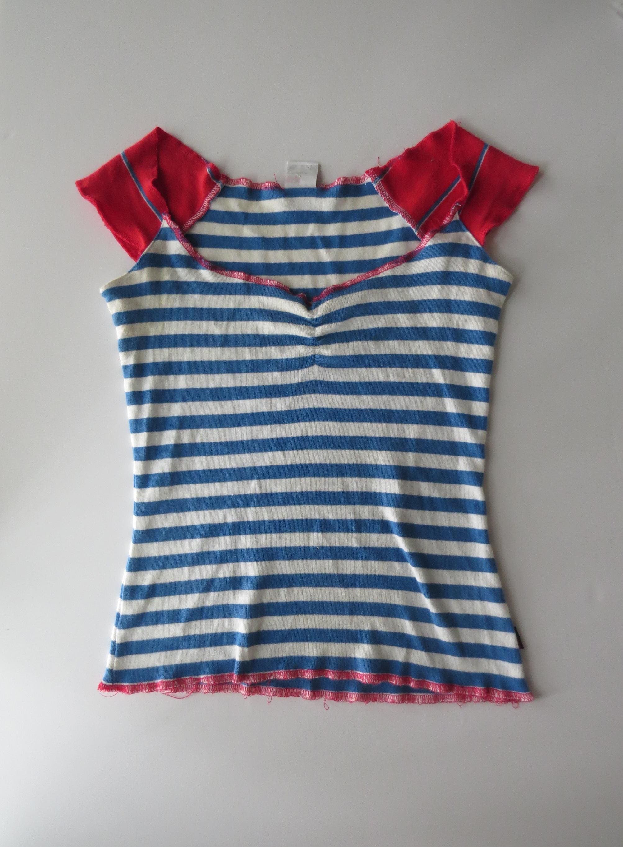 Vintage Tommy Striped Top, Blue White Off Shoulder Cap Sleeve Tee, 90s Tommy Hilfiger