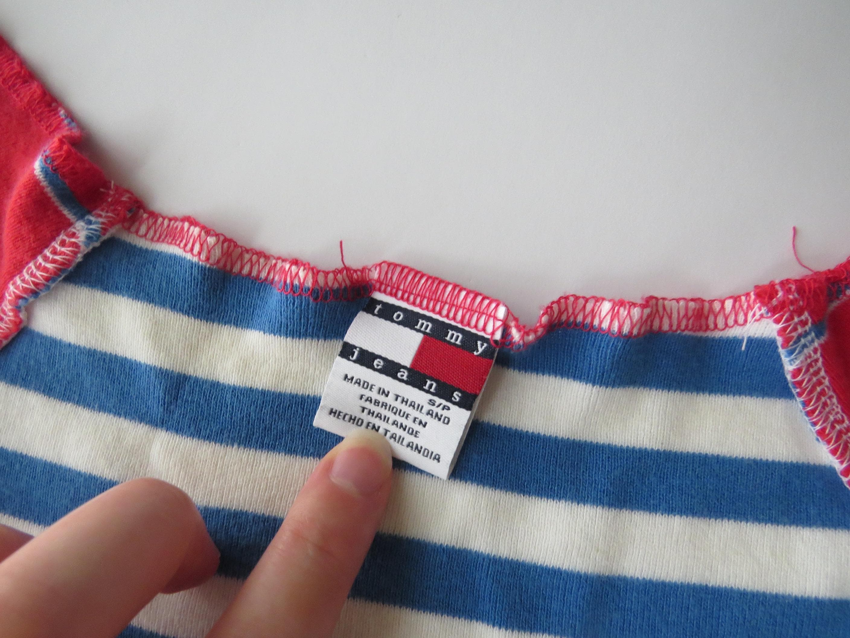 Vintage Tommy Striped Top, Blue White Off Shoulder Cap Sleeve Tee, 90s Tommy Hilfiger - Thumbnail 4