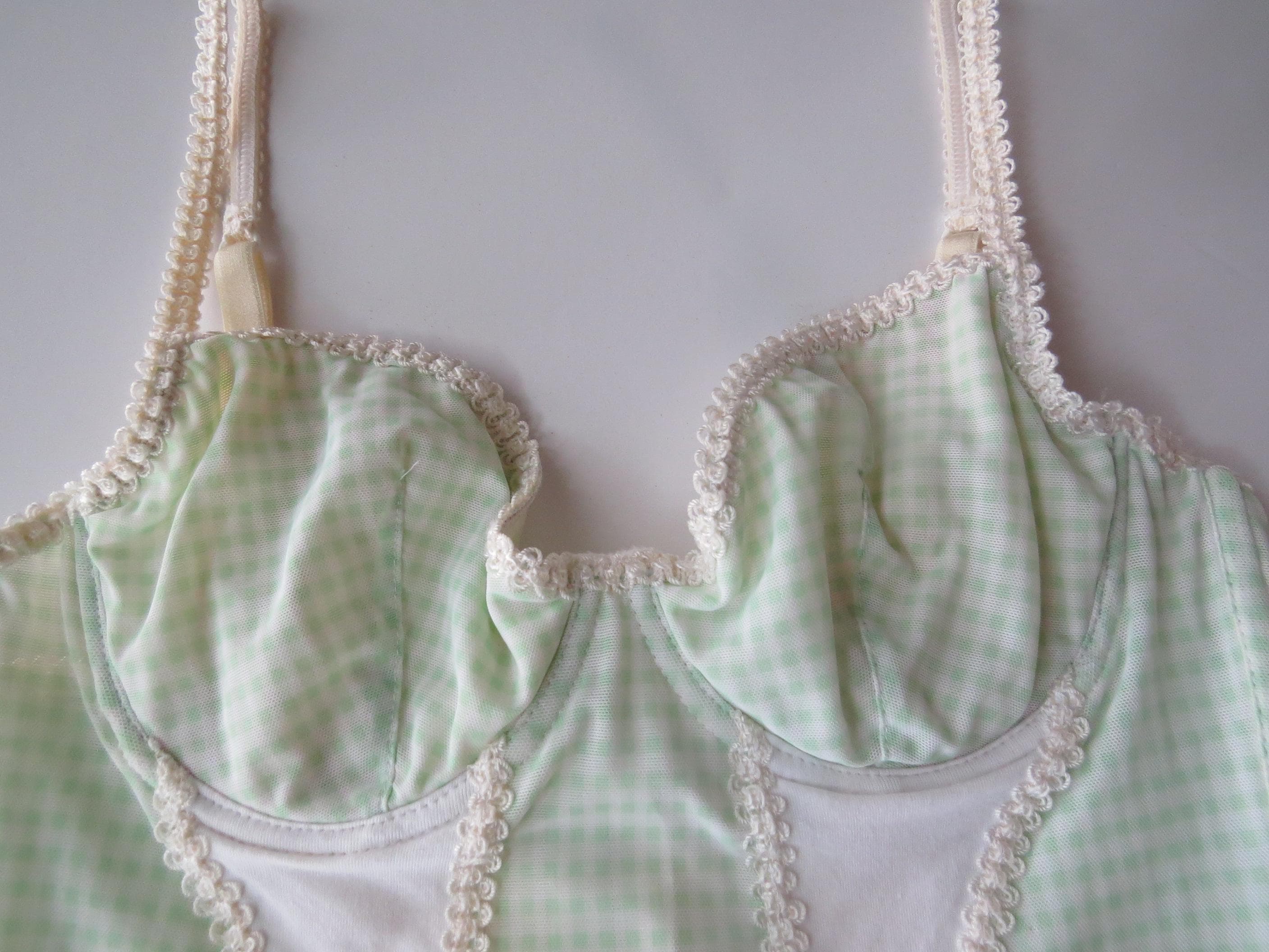 Vintage Italian Intimissimi Mint Green Checked Bustier, Gingham 2000s Lace Mesh Top, Picot Trim - Thumbnail 5