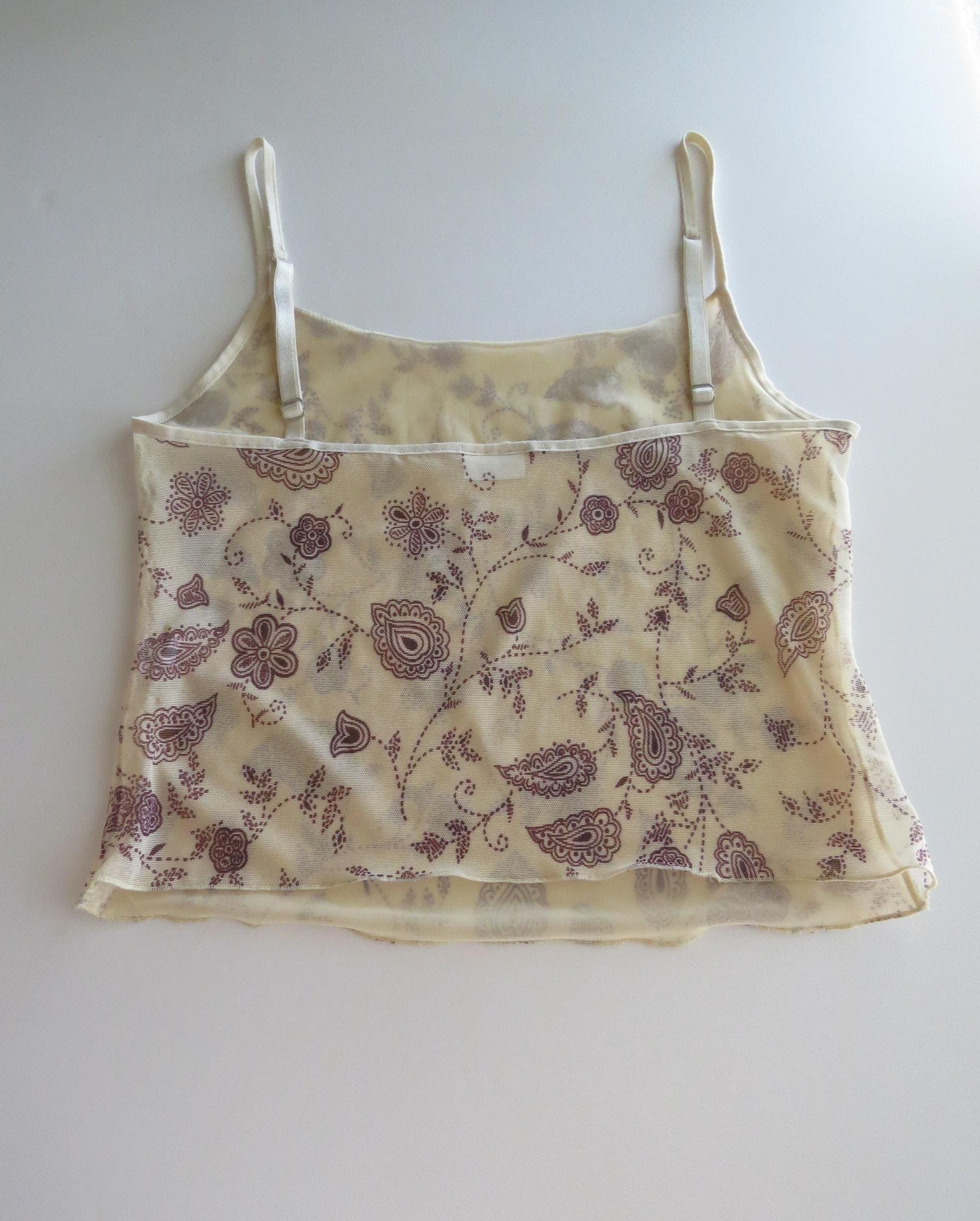 Vintage Intimissimi Mesh Paisley Tan Burgundy Camisole, Italy, 2000s Italian Tank Top - Thumbnail 3
