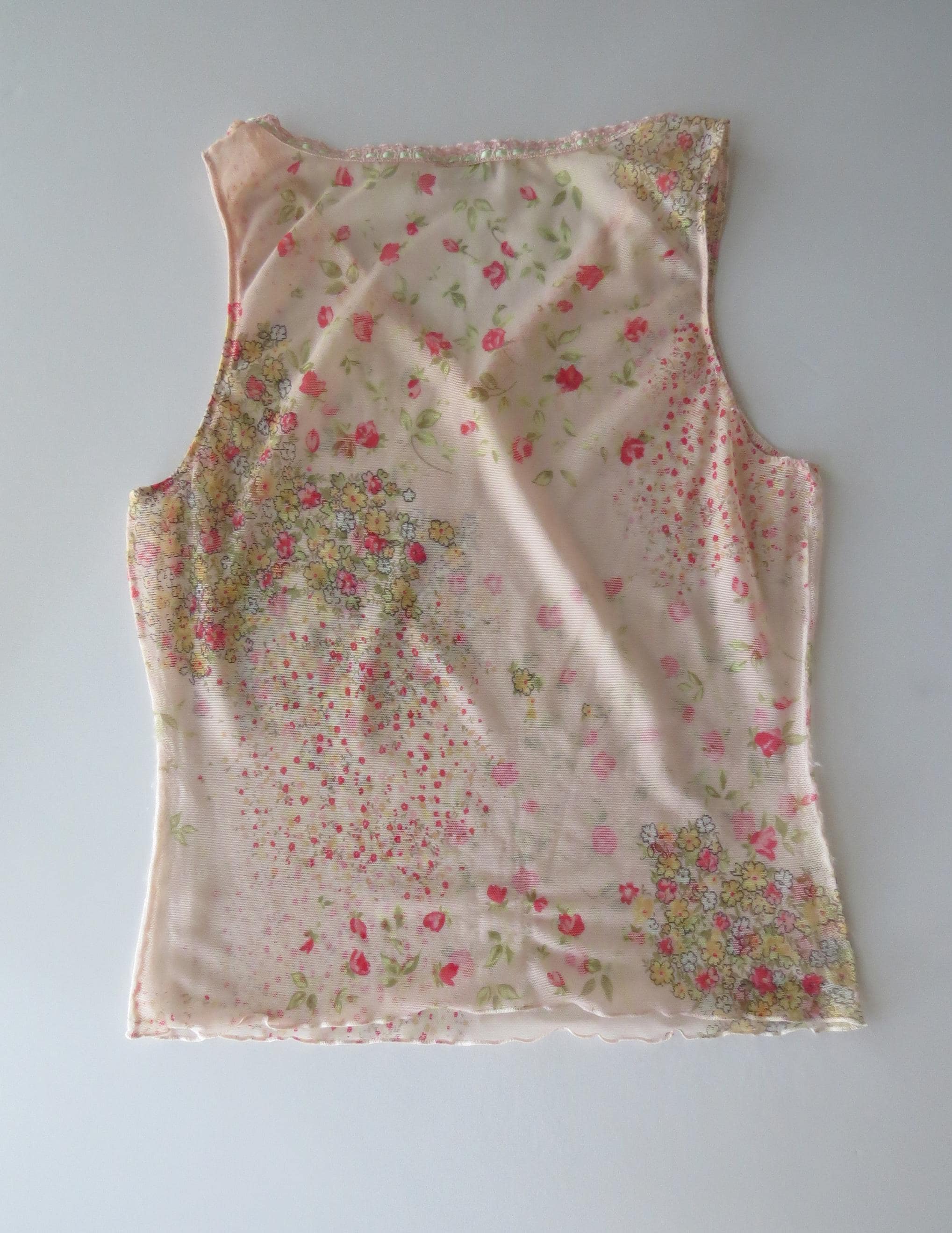 Vintage Italian Sheer Pink Floral Mesh Tank Top, Vintage Intimissimi Ditsy Rose Print Camisole - Thumbnail 7