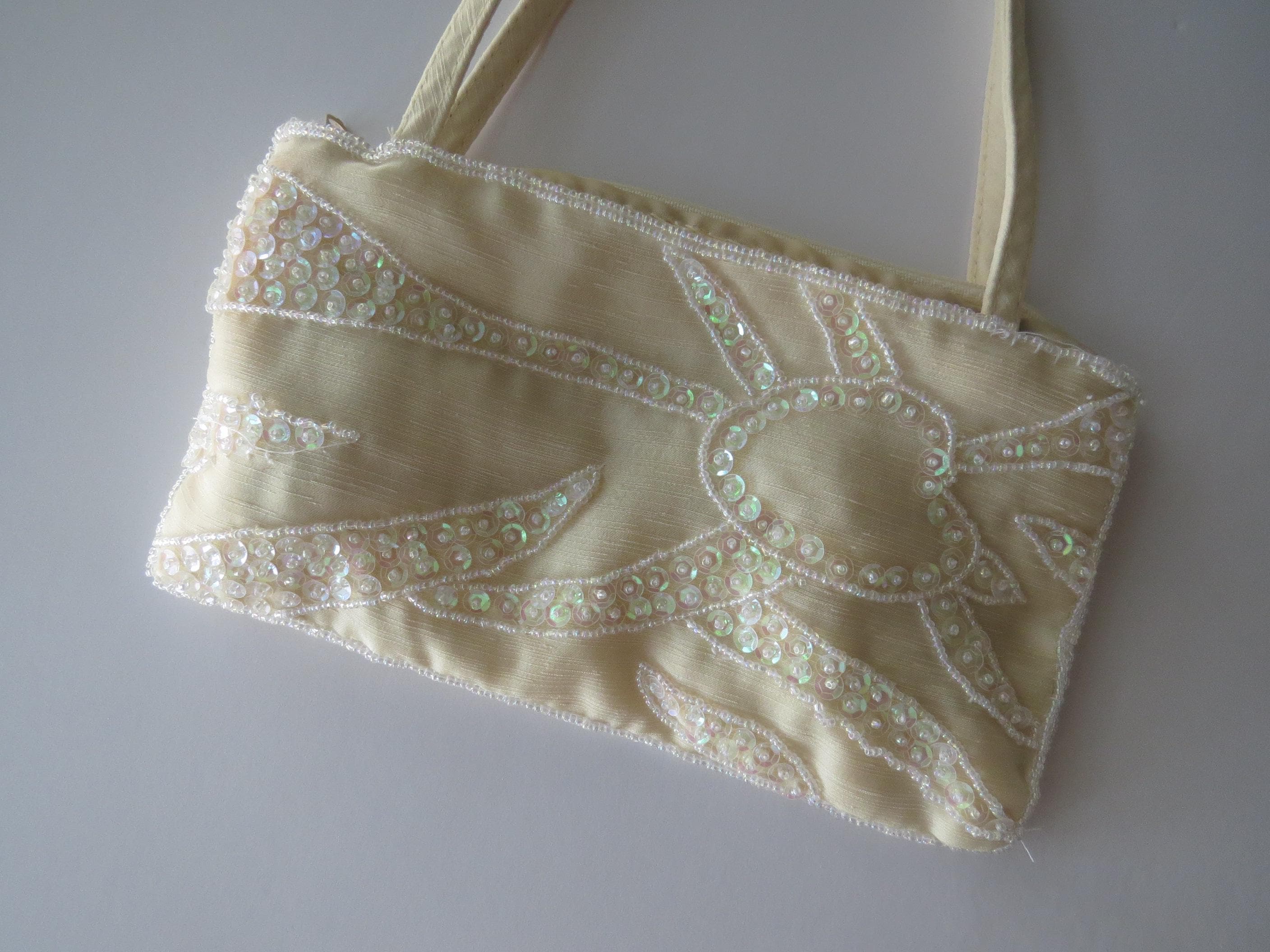 Vintage Beaded Evening Bag, Ivory Sequinsed Handbag, Antonello Serio Purse, Iridescent Beadwork Bridal Clutch