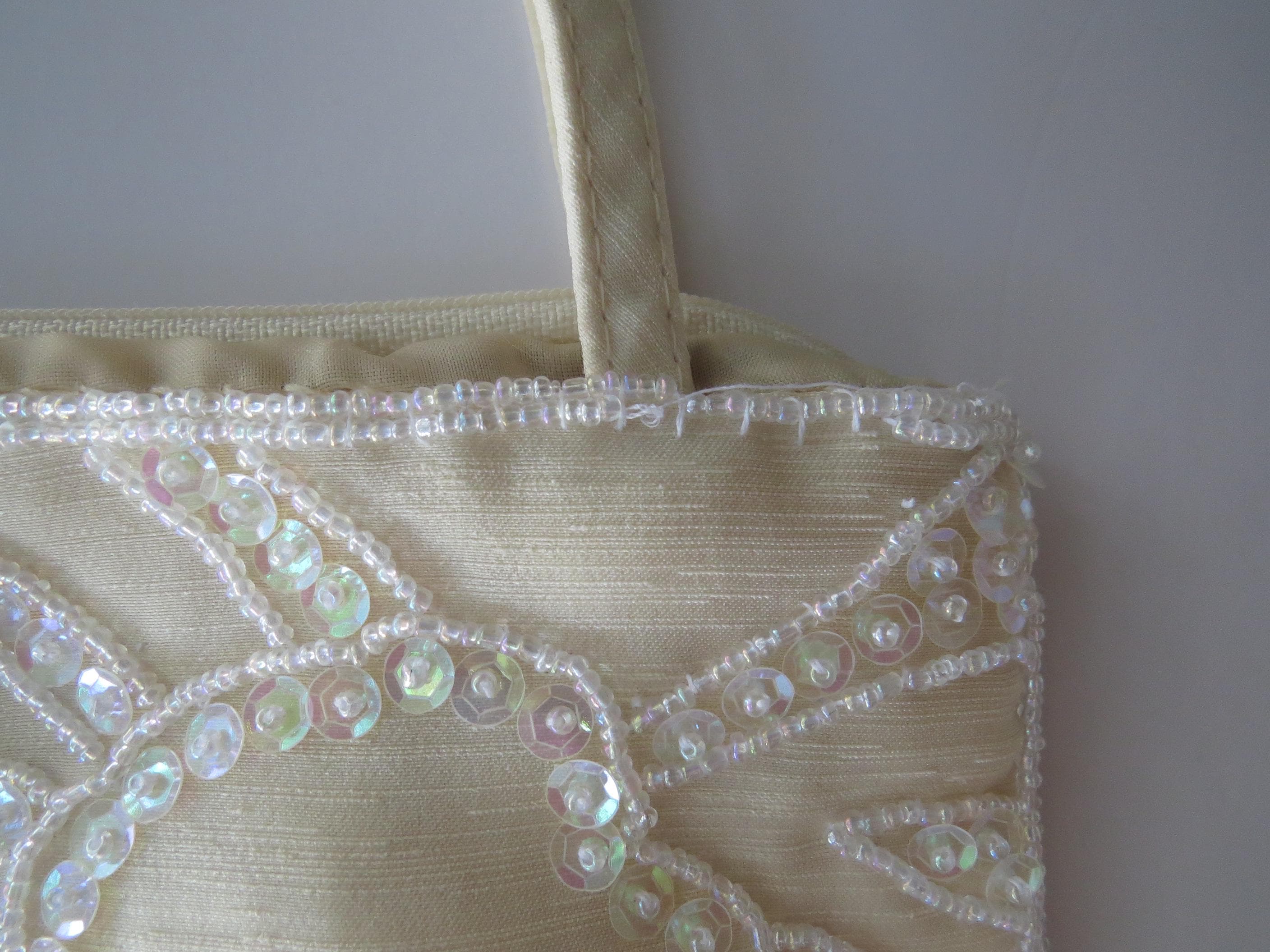 Vintage Beaded Evening Bag, Ivory Sequinsed Handbag, Antonello Serio Purse, Iridescent Beadwork Bridal Clutch - Thumbnail 6