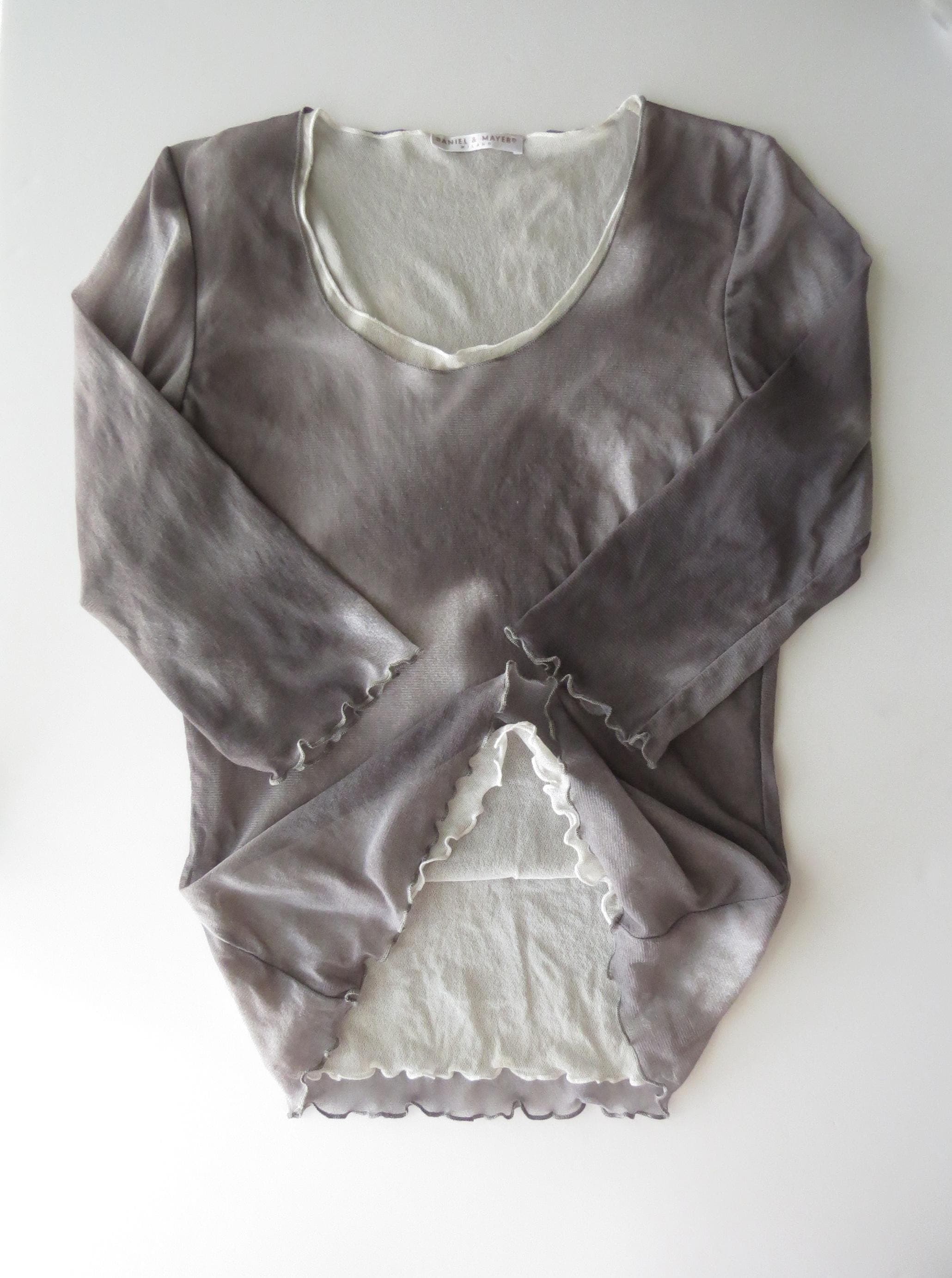 Vintage Italian Daniel & Mayer Milano Sheer Smoke Top, Long Sleeve Layered Mesh, Lettuce Hem - Thumbnail 4