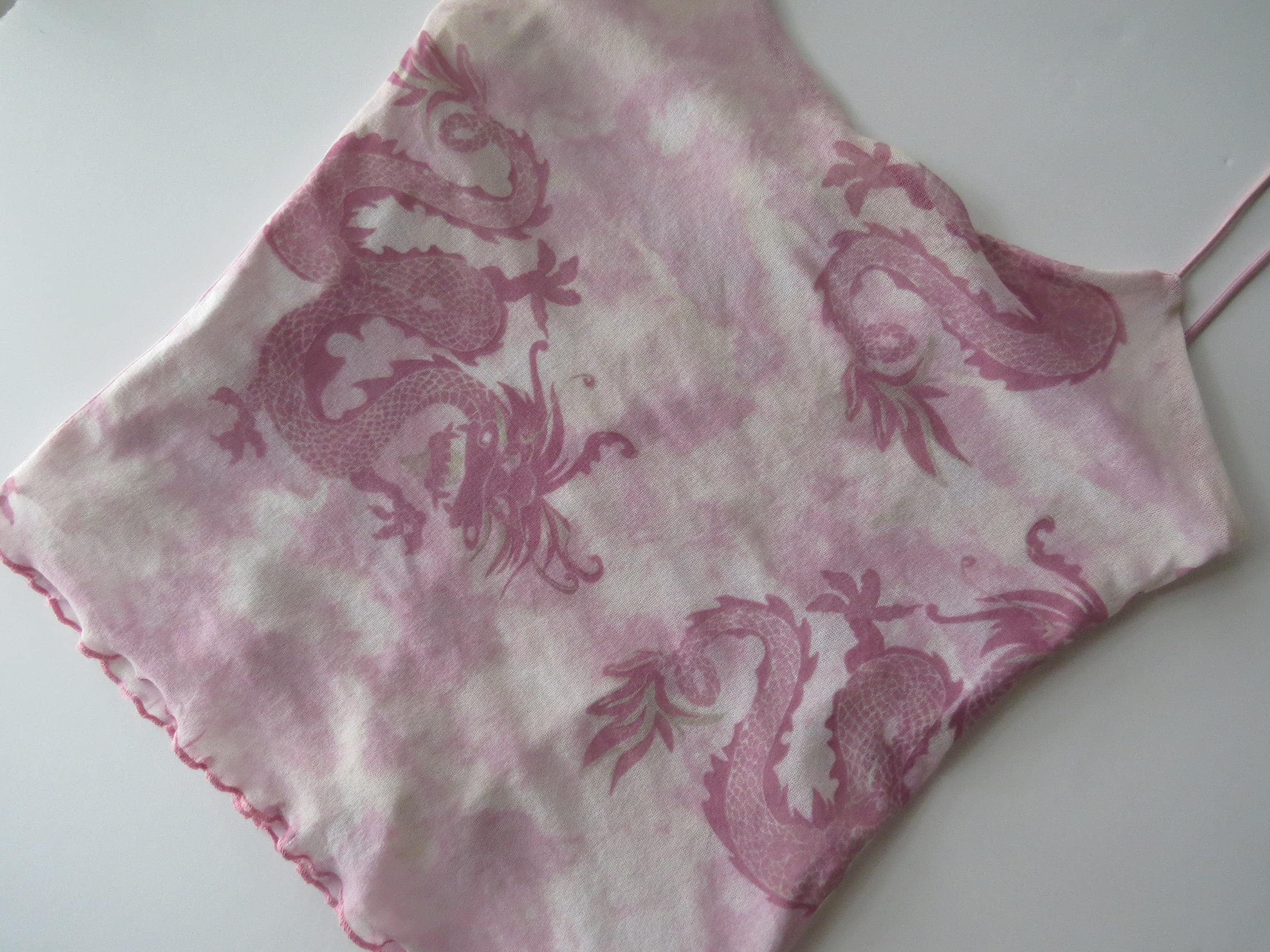Vintage French 90s Jennyfer Pink Dragon Print Pink Mesh Cami Top, Lettuce Edge Hem - Thumbnail 2