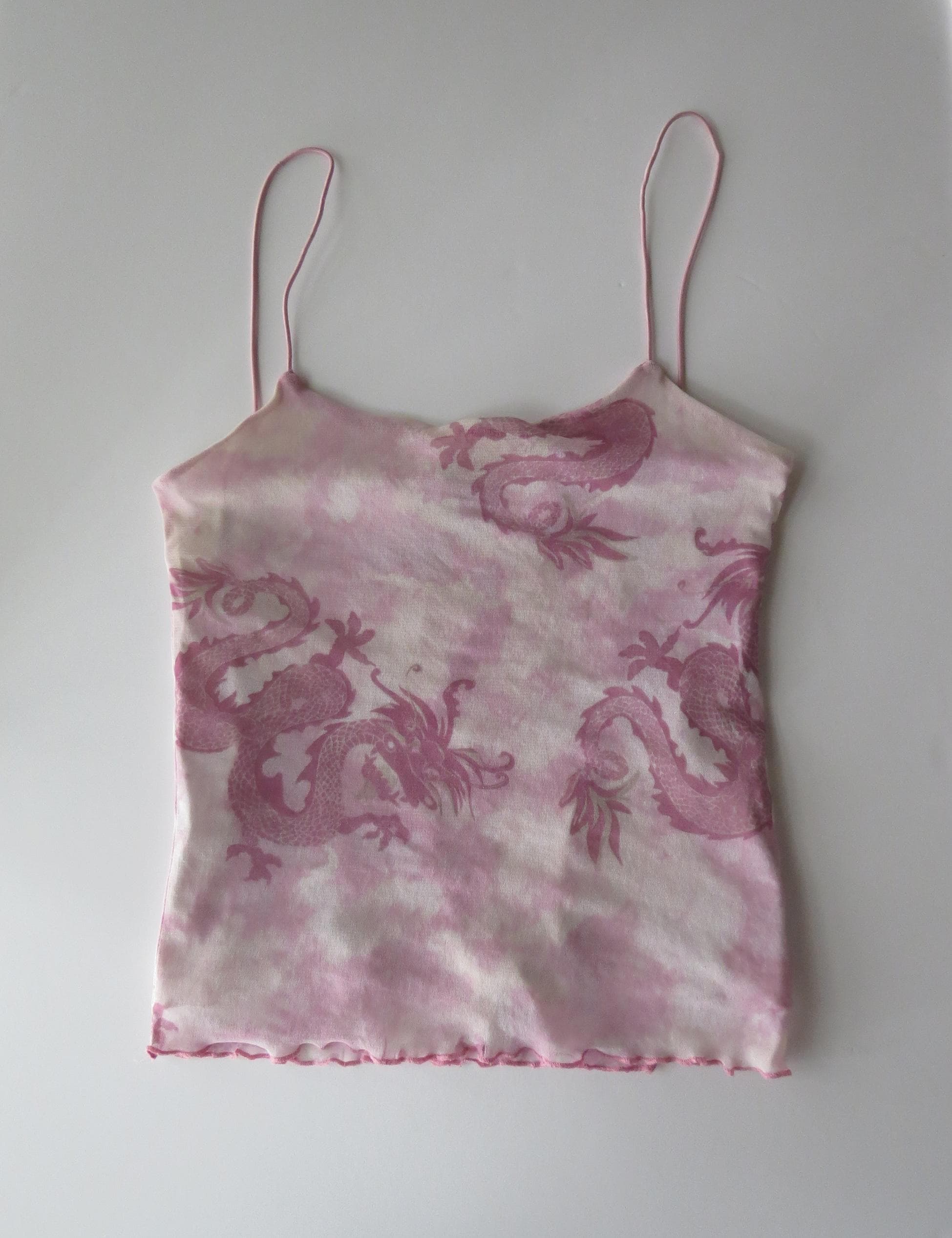 Vintage French 90s Jennyfer Pink Dragon Print Pink Mesh Cami Top, Lettuce Edge Hem