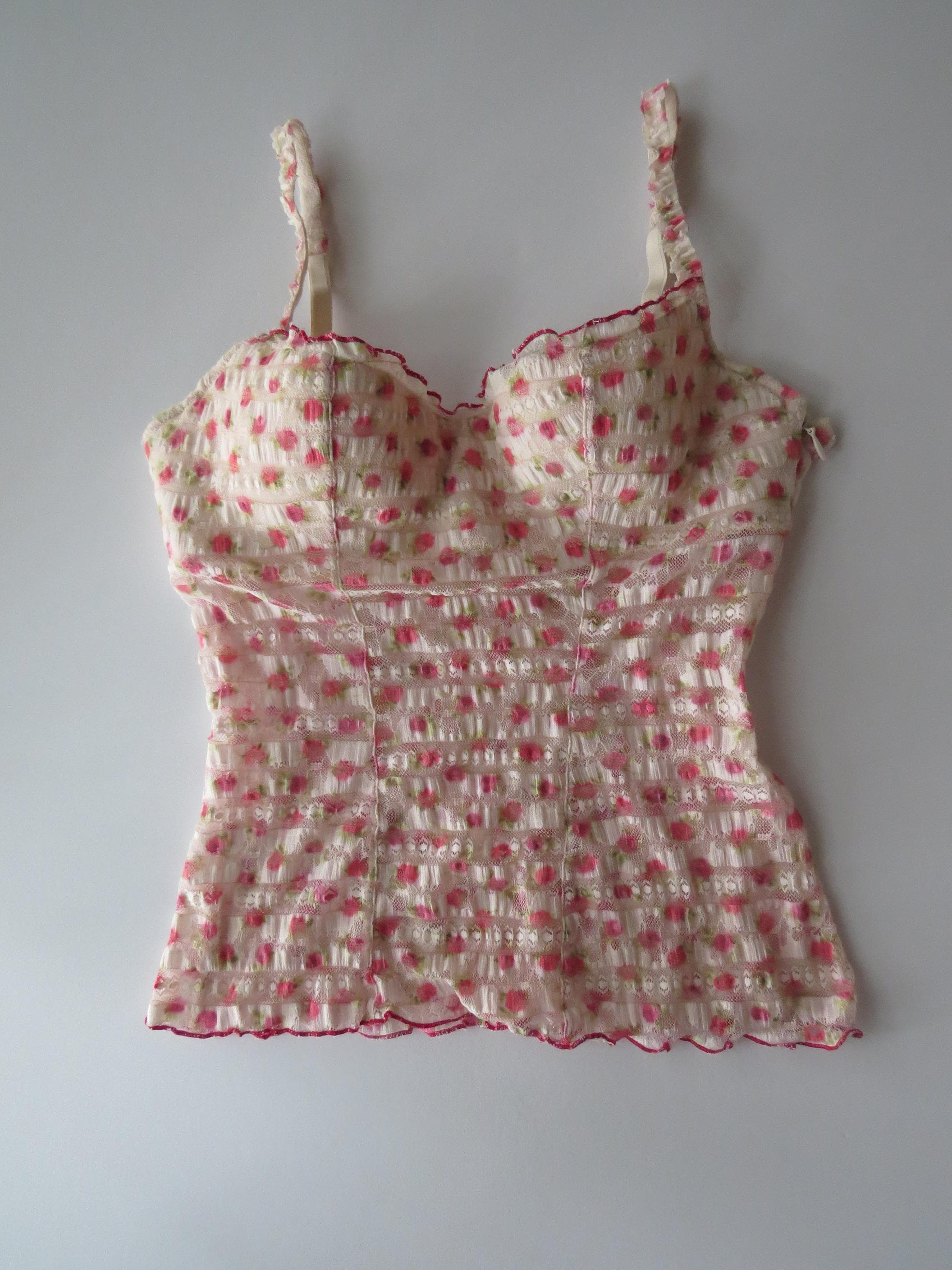 Italian Intimissimi Rose Print Bustier Cami, Pink Floral Lace Corset Top, Vintage 2000s Camisole