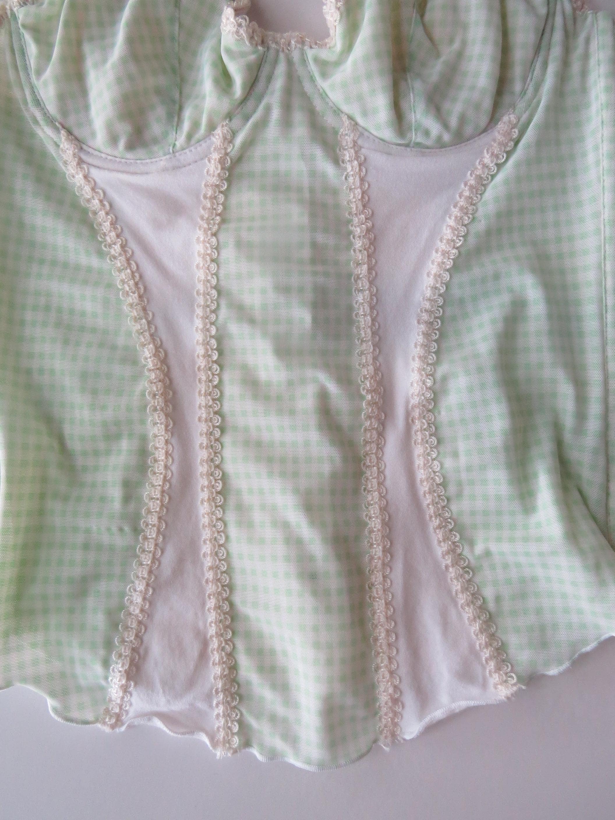 Vintage Italian Intimissimi Mint Green Checked Bustier, Gingham 2000s Lace Mesh Top, Picot Trim - Thumbnail 2
