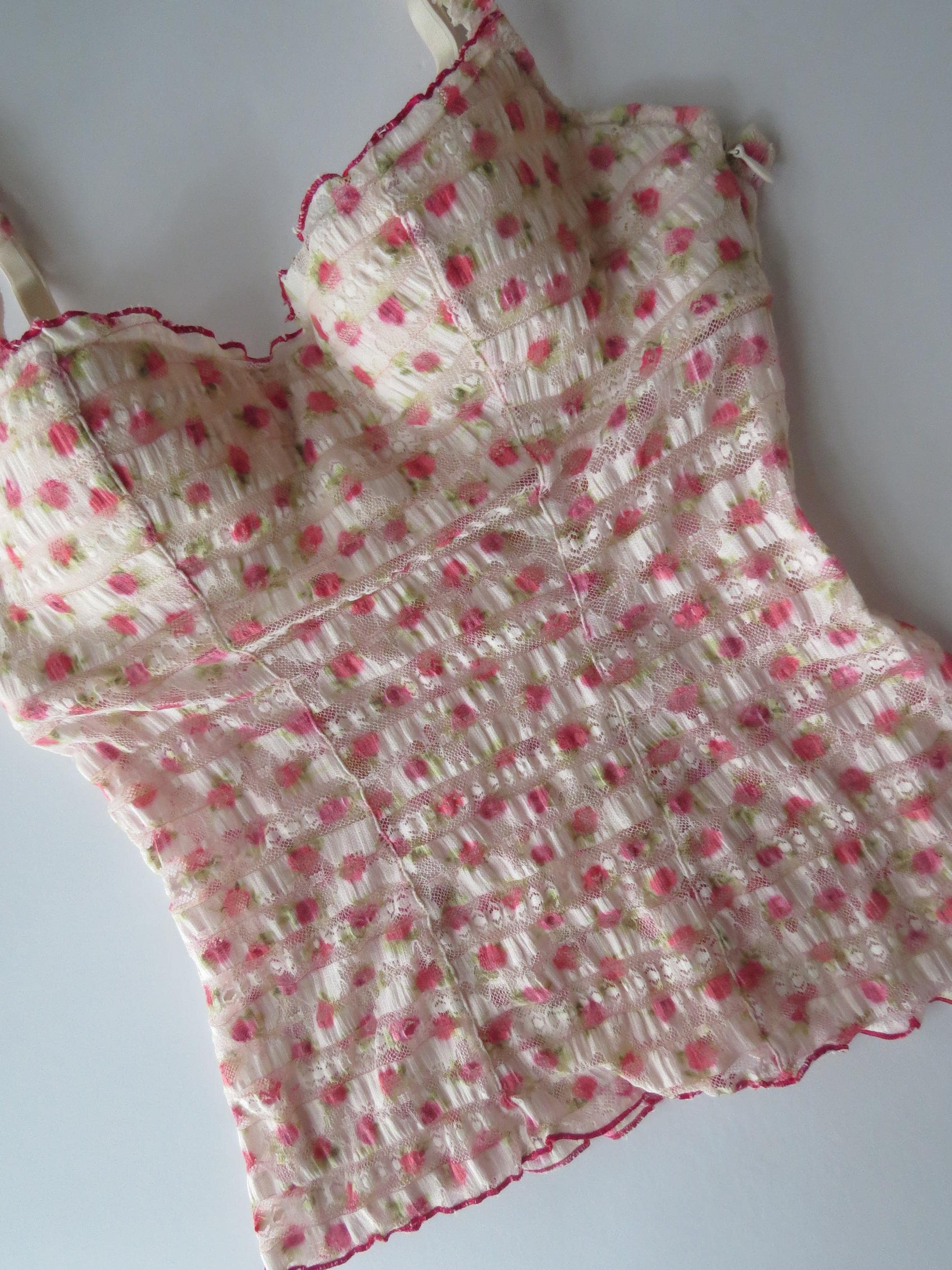 Italian Intimissimi Rose Print Bustier Cami, Pink Floral Lace Corset Top, Vintage 2000s Camisole - Thumbnail 2