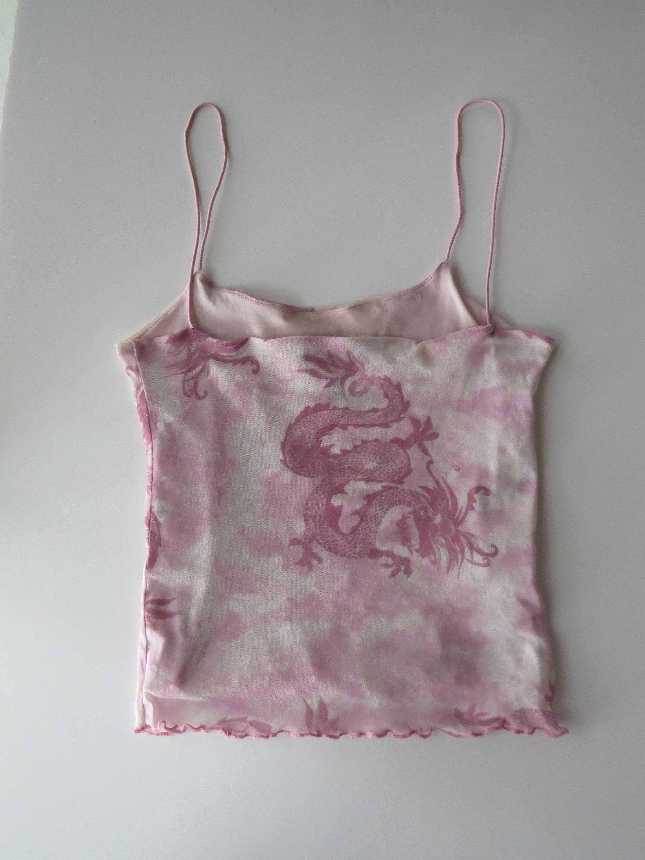 Vintage French 90s Jennyfer Pink Dragon Print Pink Mesh Cami Top, Lettuce Edge Hem - Thumbnail 3