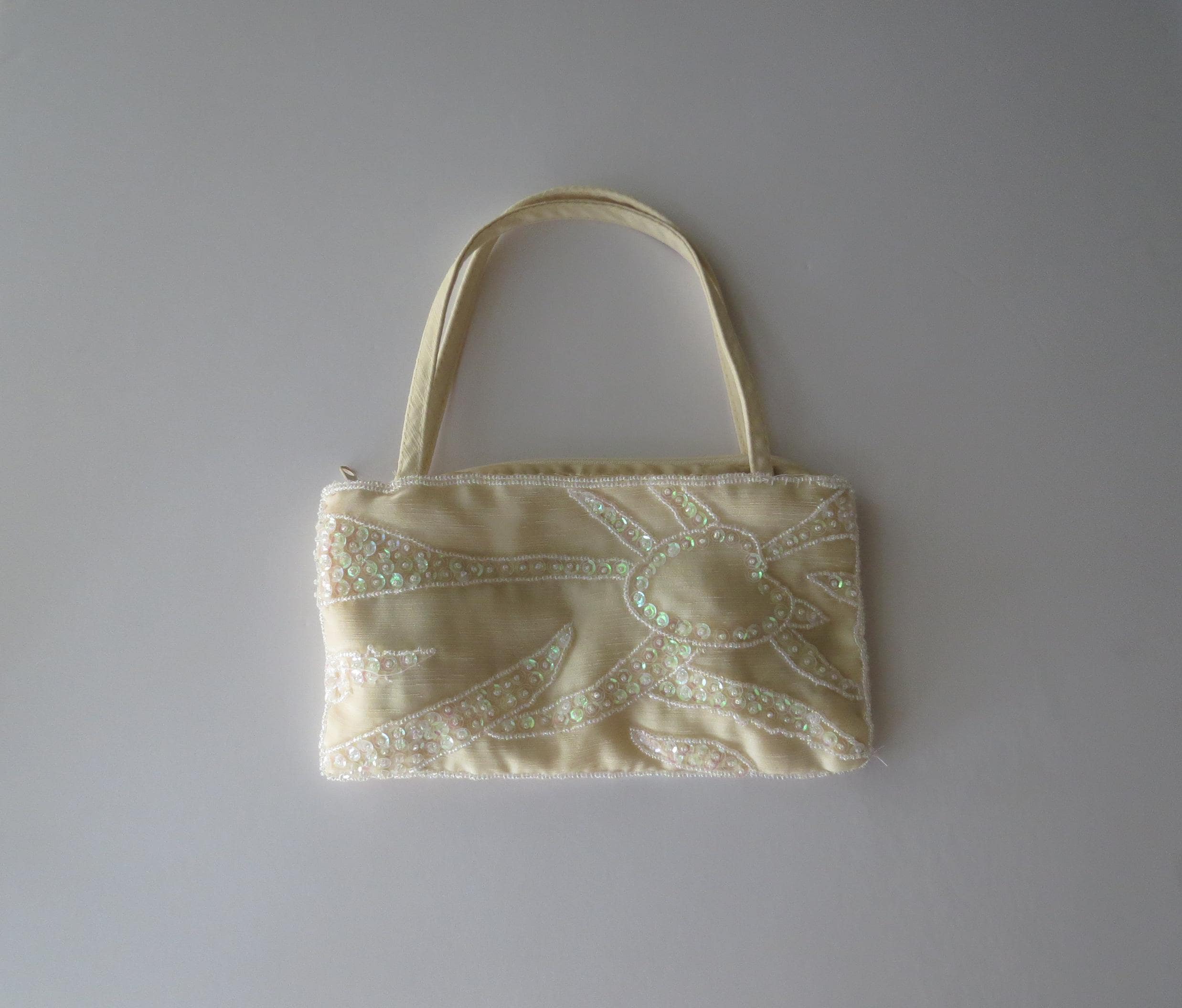 Vintage Beaded Evening Bag, Ivory Sequinsed Handbag, Antonello Serio Purse, Iridescent Beadwork Bridal Clutch - Thumbnail 2