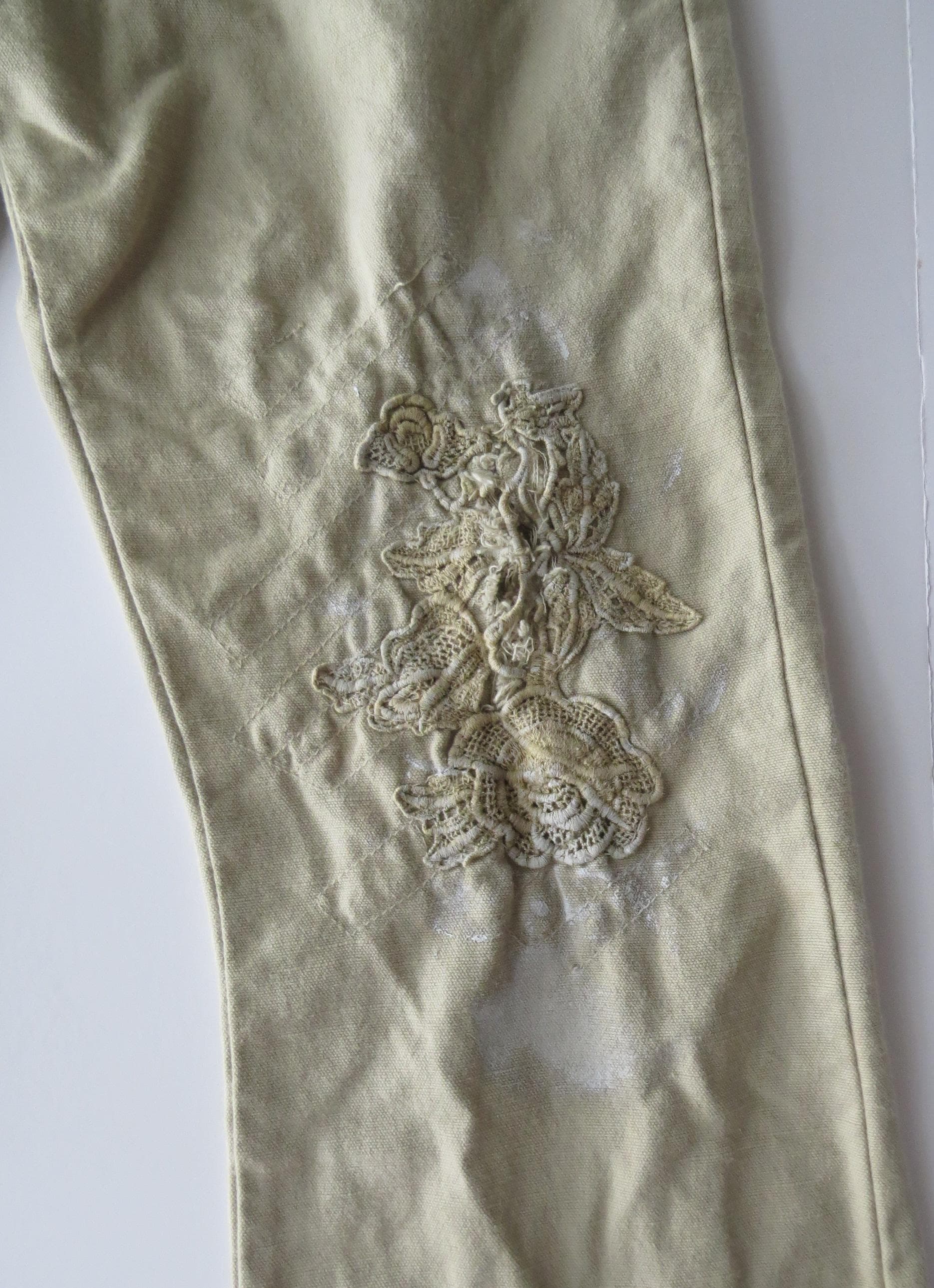 Vintage Italian Lace Appliqué Sage Khaki Bootcut Trousers, Hand-Painted Distressed 2000s - Thumbnail 3