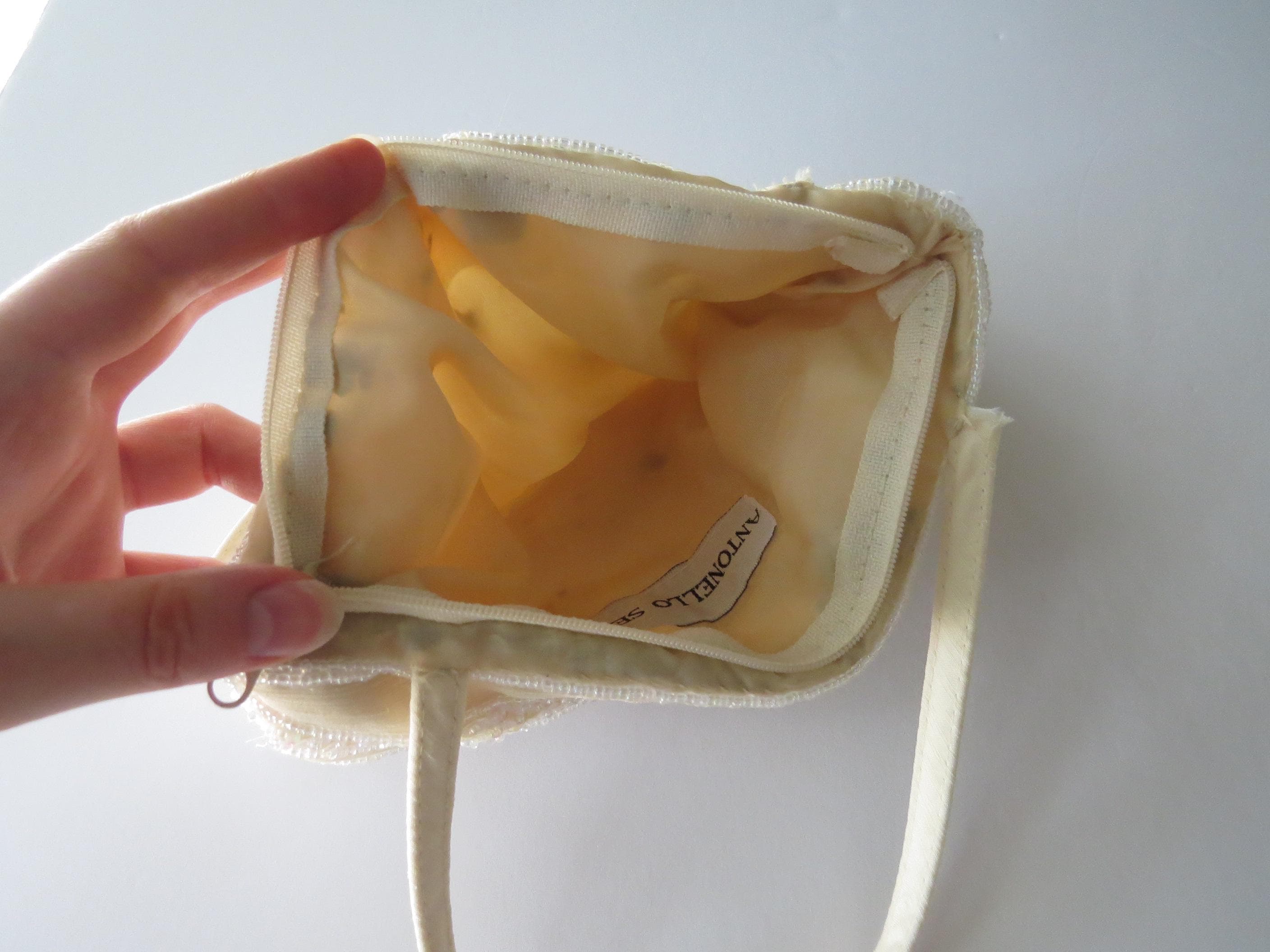Vintage Beaded Evening Bag, Ivory Sequinsed Handbag, Antonello Serio Purse, Iridescent Beadwork Bridal Clutch - Thumbnail 12