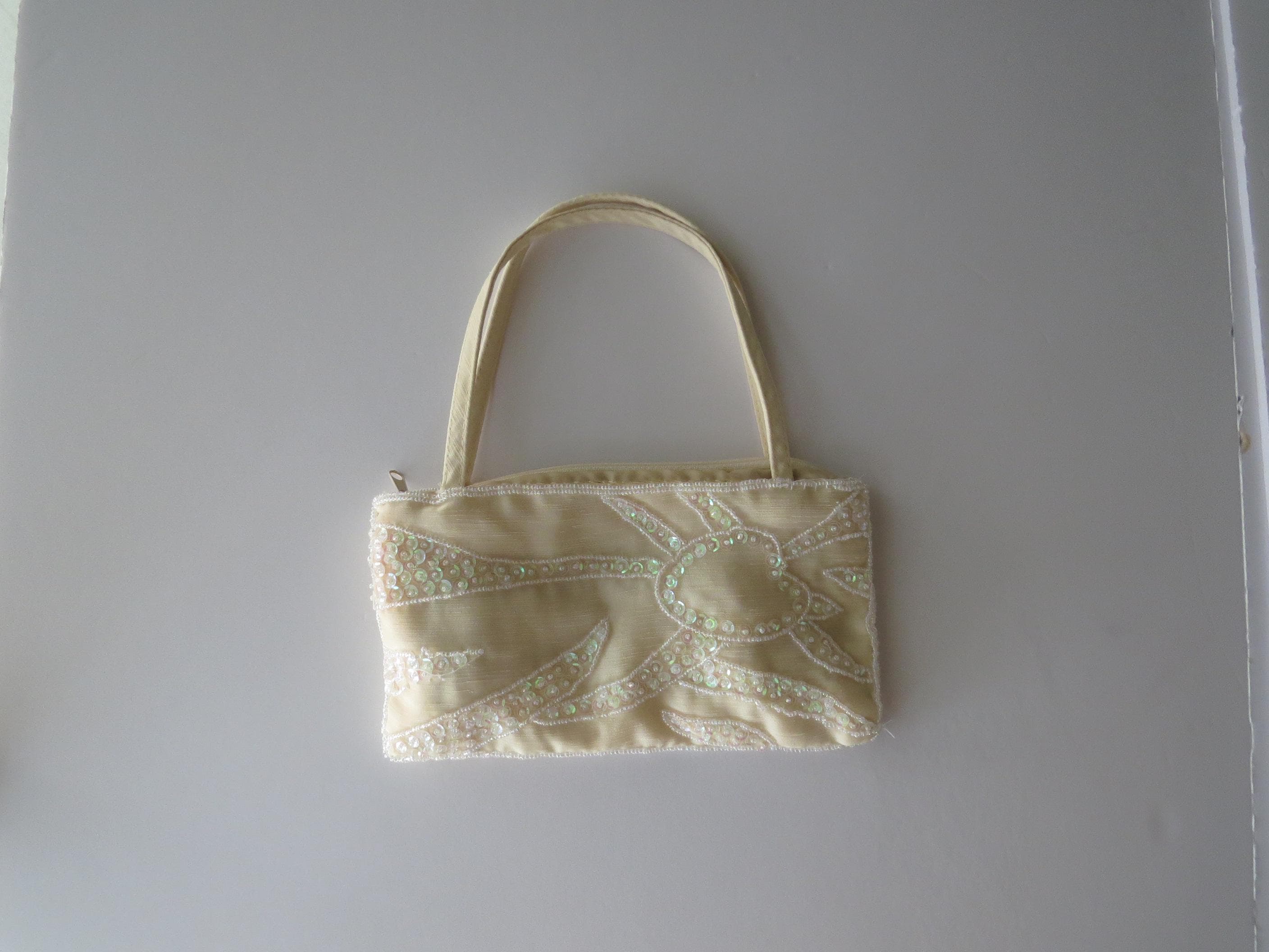 Vintage Beaded Evening Bag, Ivory Sequinsed Handbag, Antonello Serio Purse, Iridescent Beadwork Bridal Clutch - Thumbnail 3