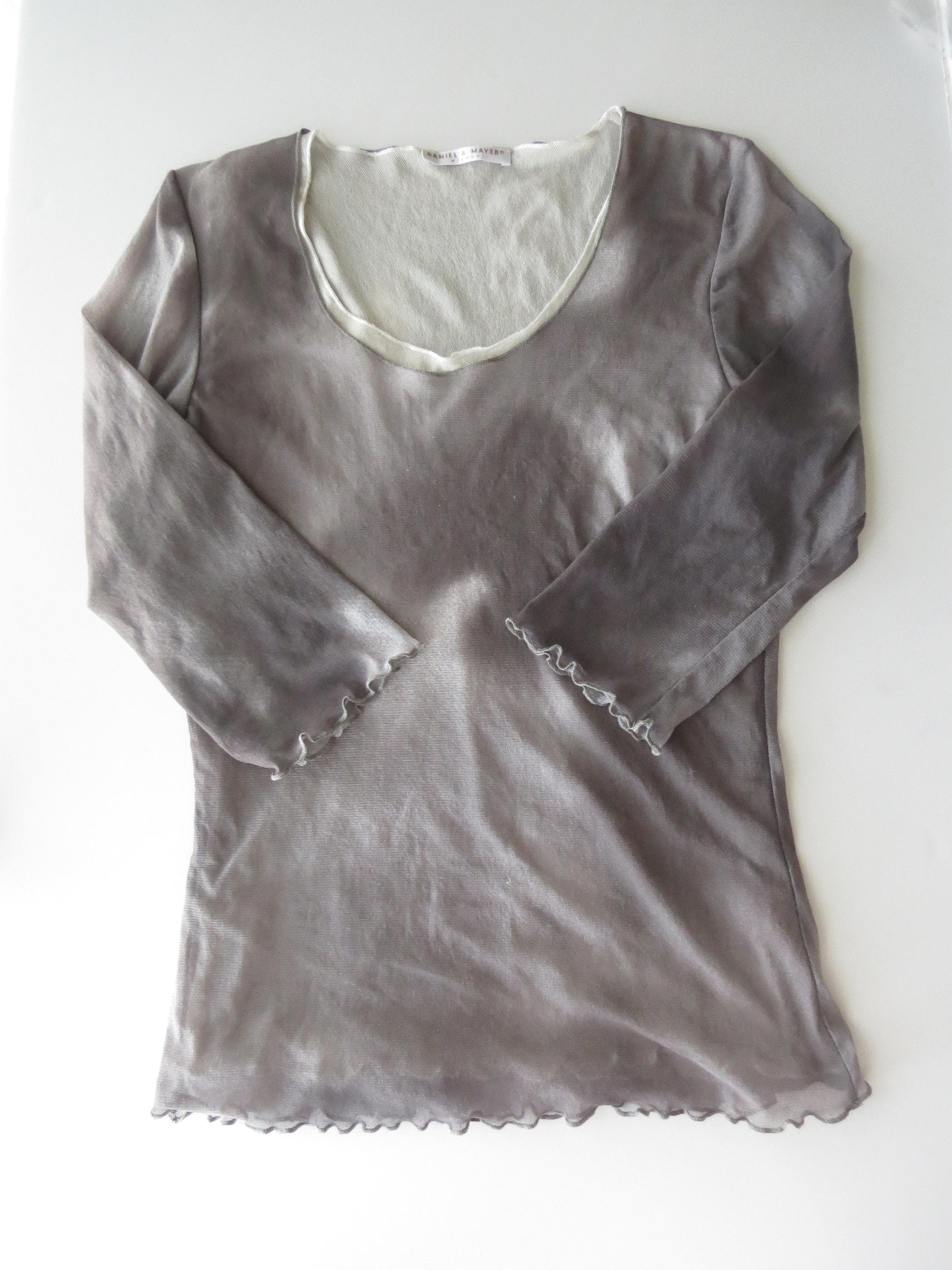 Vintage Italian Daniel & Mayer Milano Sheer Smoke Top, Long Sleeve Layered Mesh, Lettuce Hem - Thumbnail 2