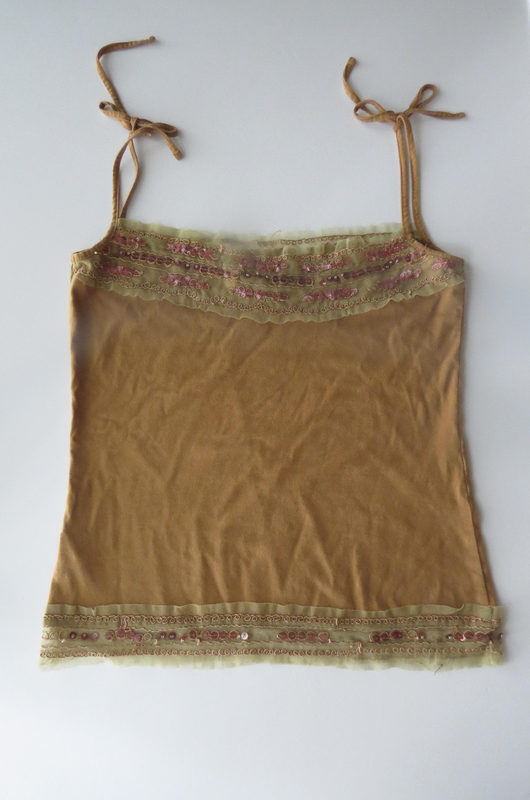 Vintage Italian Gold Sequin Cami, Bronze Tie Strap Tank Top, Sequin Embroidered Trim, 2000s - Thumbnail 2