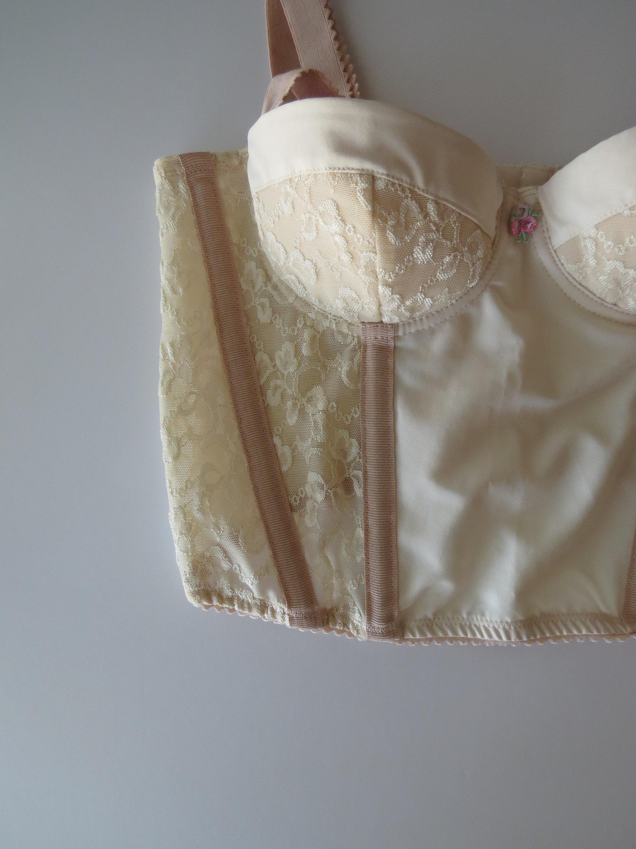 Vintage Italian Dusty Pink / Mauve Corset Top, Floral Applique, Lace, Thick Straps, 90s Intimissimi - Thumbnail 5